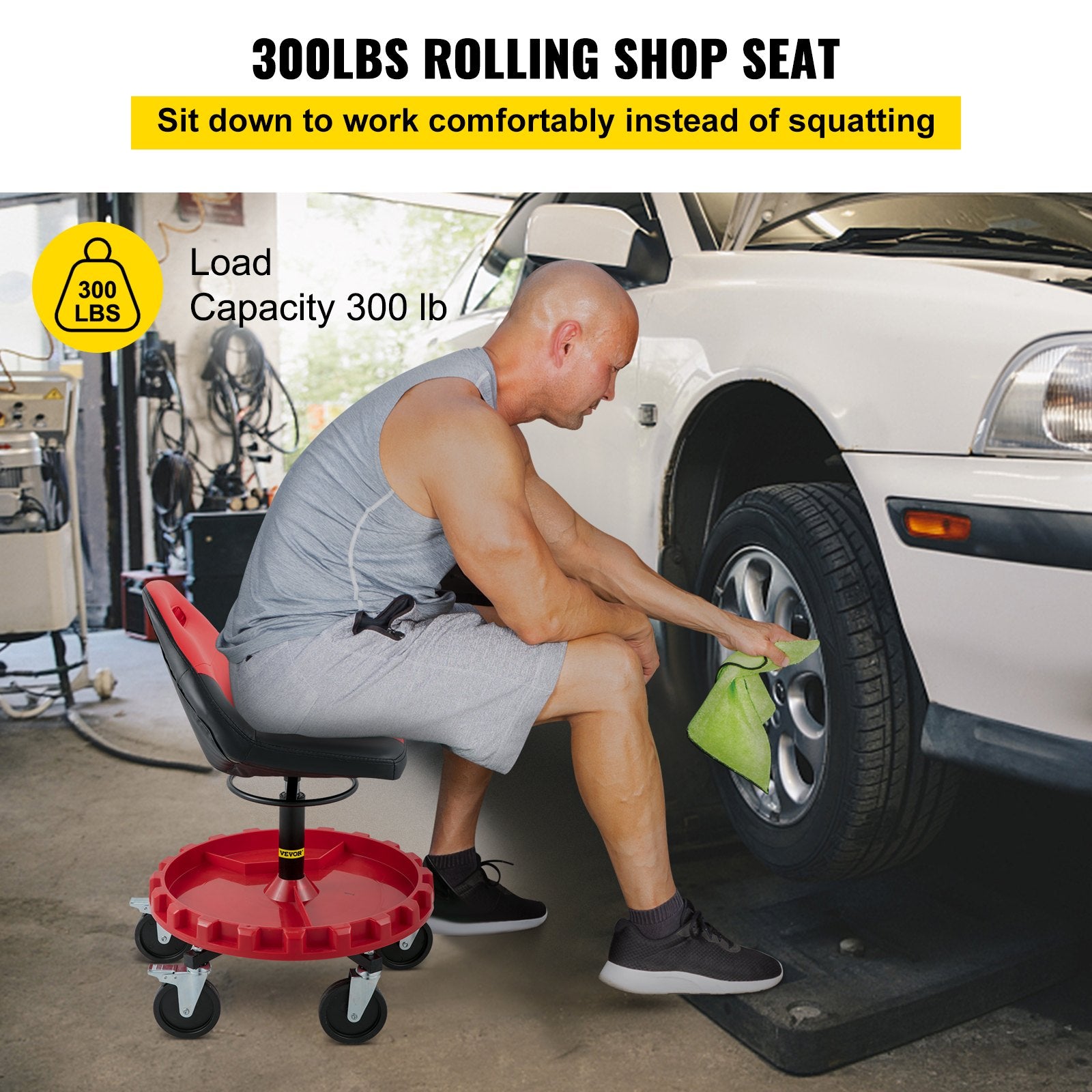 Rolling Garage Stool 300LBS Adjustable Mechanic Work Shop Seat w/Casters V952-HKYSCLWXDC6QRMFLIV0