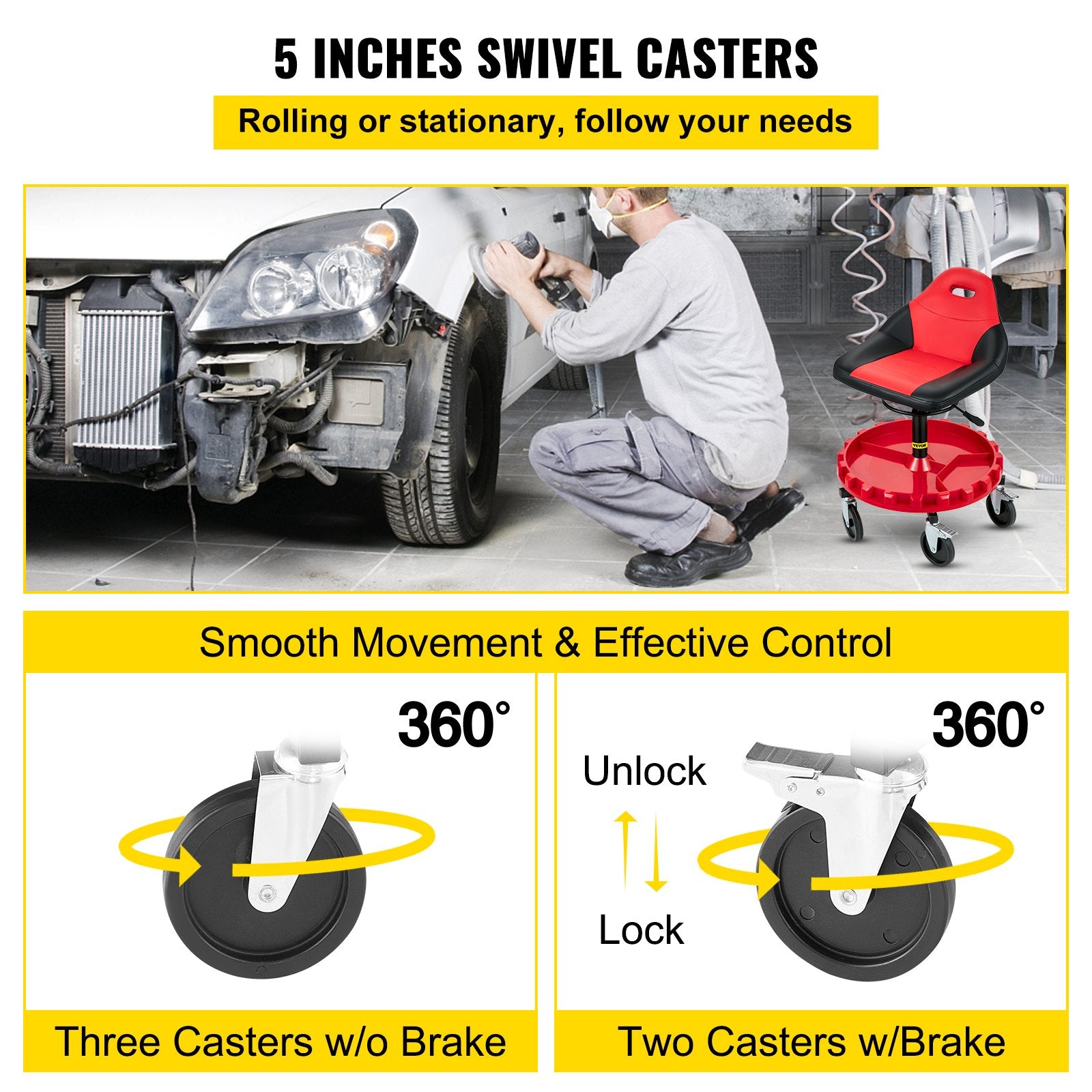 Rolling Garage Stool 300LBS Adjustable Mechanic Work Shop Seat w/Casters V952-HKYSCLWXDC6QRMFLIV0