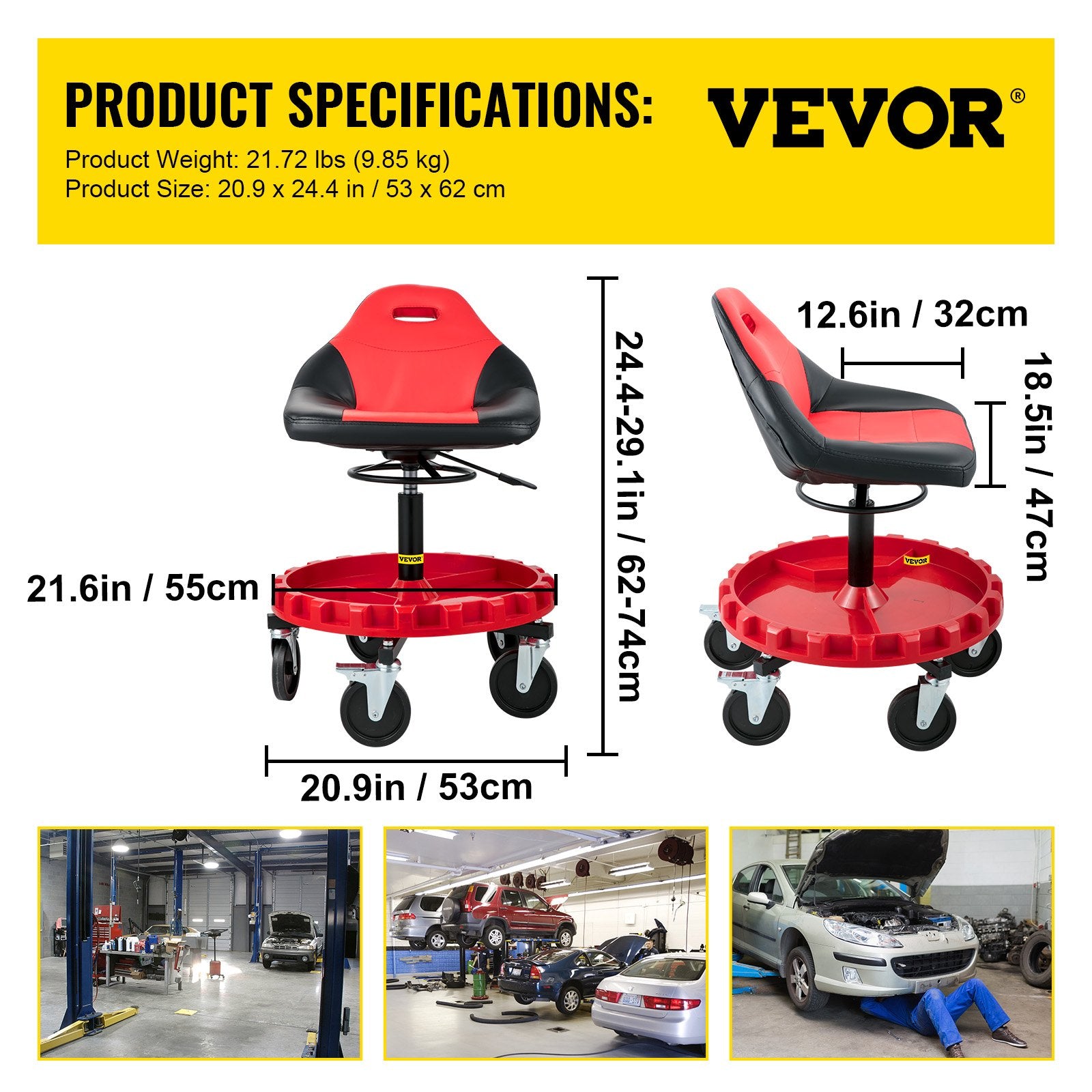Rolling Garage Stool 300LBS Adjustable Mechanic Work Shop Seat w/Casters V952-HKYSCLWXDC6QRMFLIV0
