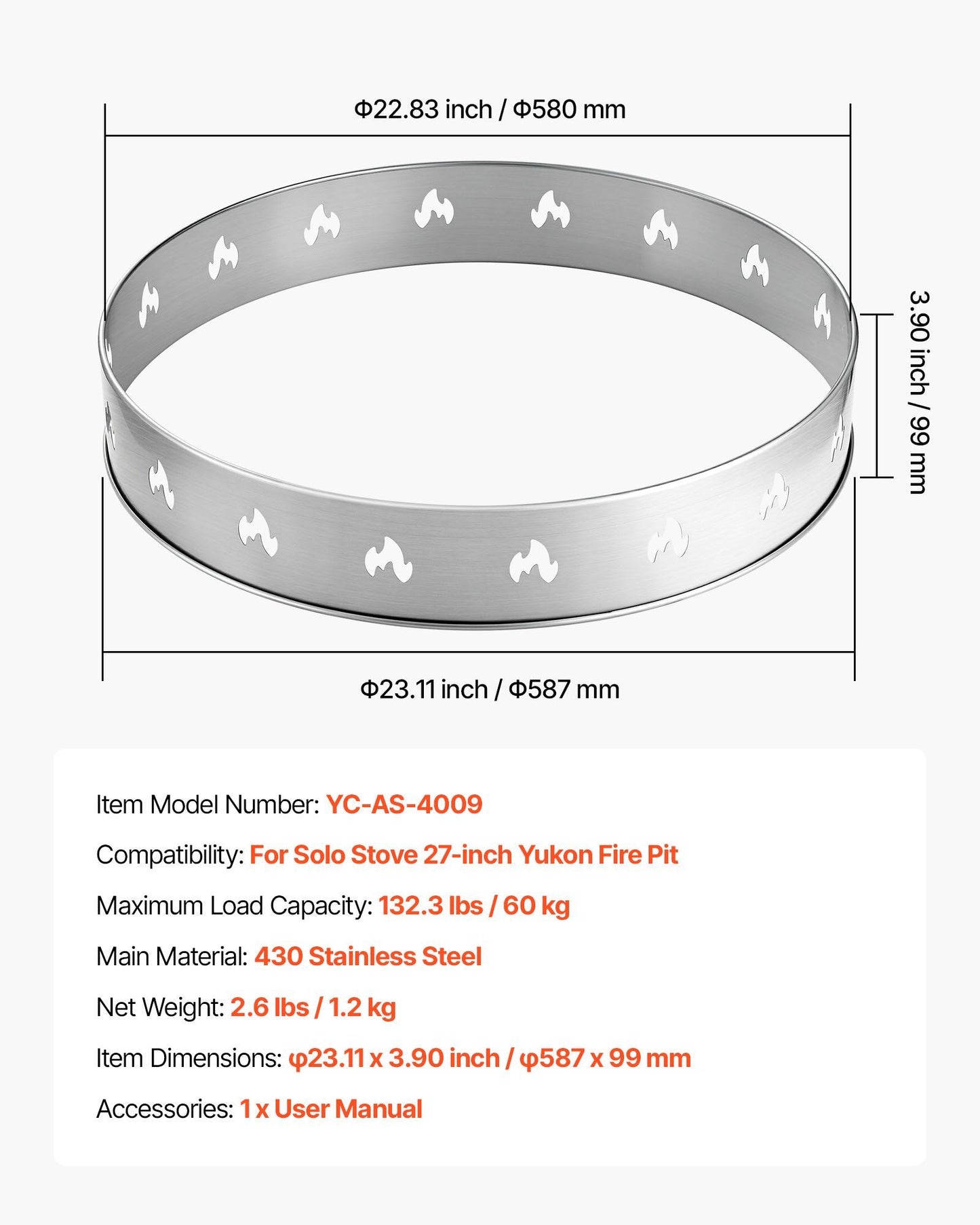 Fire Pit Stand for Solo Stove Bonfire, 68.6 cm Smokeless Fire Pit Ring, Stainless Steel Fireplace Stove V952-HKZJHX27INCHDIQ70001V0
