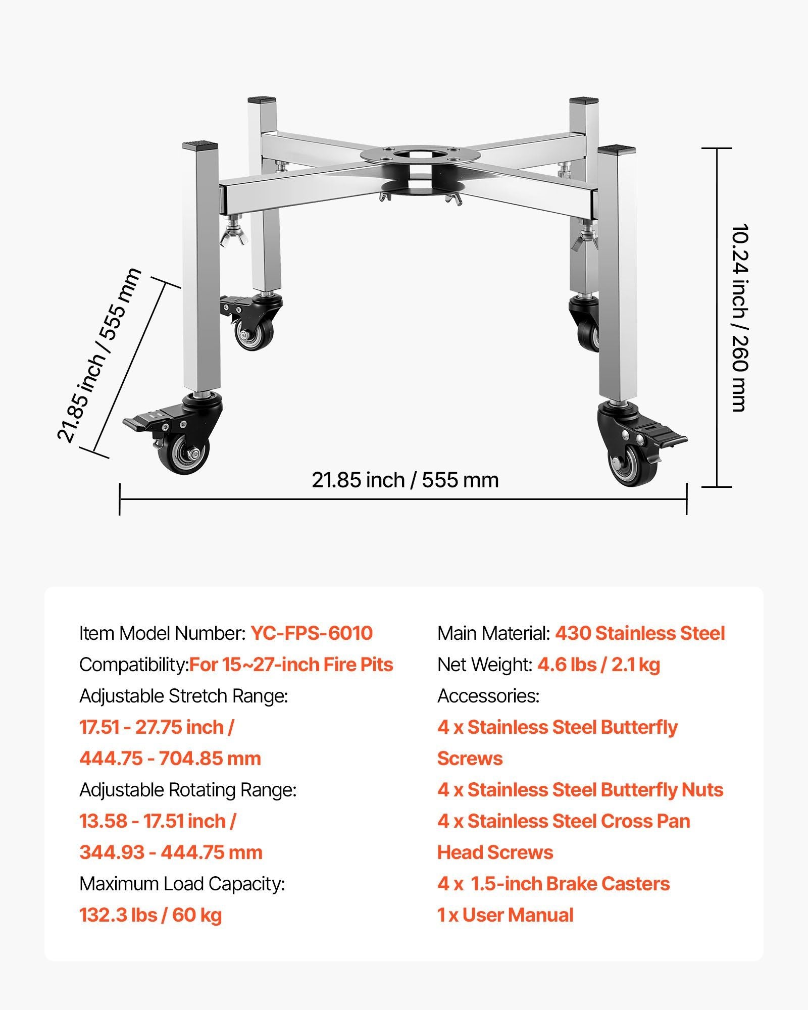 Fire Pit Stand, 38-68.6 cm Adjustable Stretch with 4 Casters, Firepit Stand for Solo Stove Bonfire Ranger V952-HKZJXXFG1527AIXIG001V0