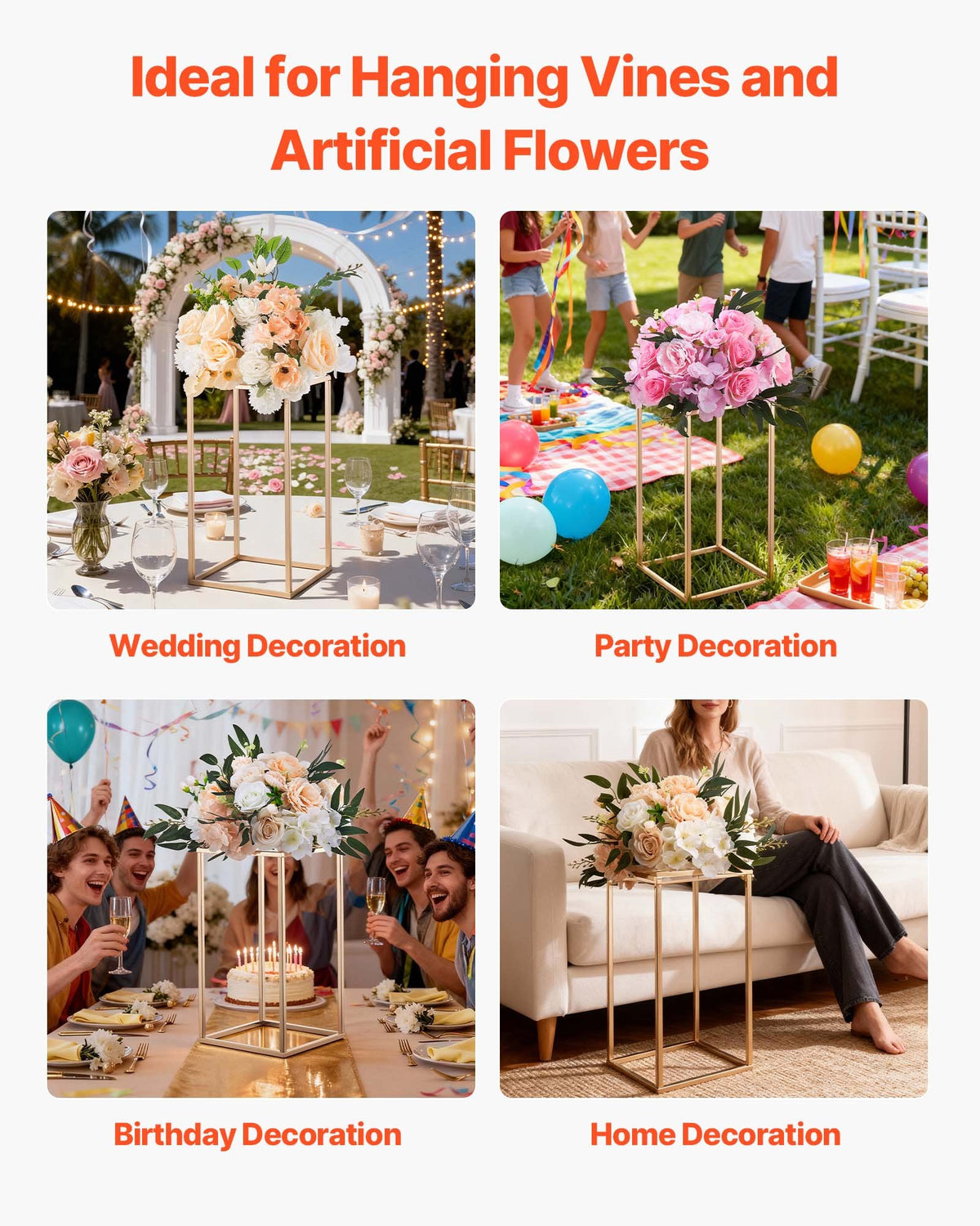 Wedding Flower Stand, 10PCS 40cm Column Flower Stand, Floral Stands with Acrylic Laminate, Gold Rectangular V952-HLHJLFT10J40F3YRH001V0