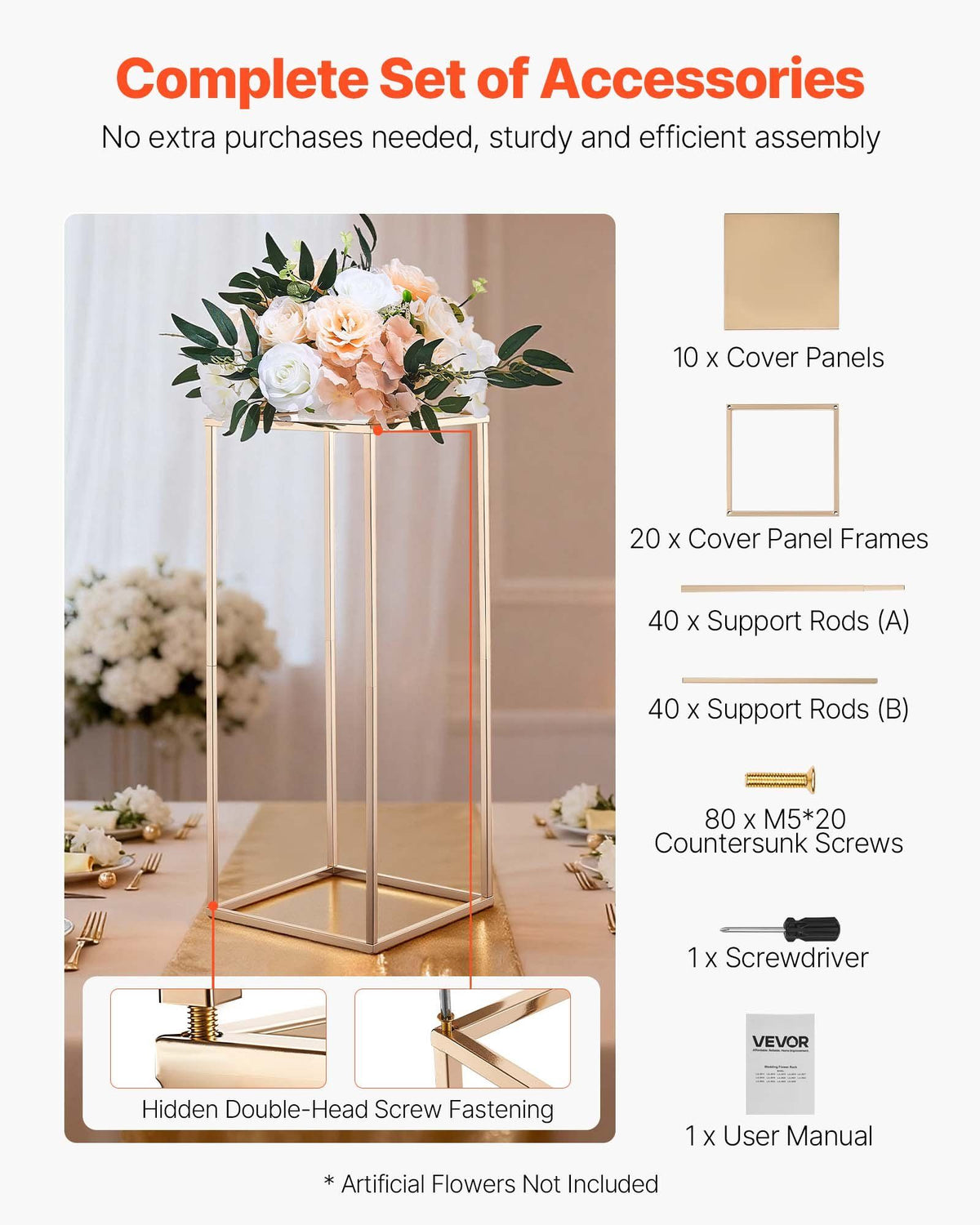 Wedding Flower Stand, 10PCS 60cm Column Flower Stand, Floral Stands with Metal Laminate, Gold Rectangular V952-HLHJLFT10J60IFM47001V0
