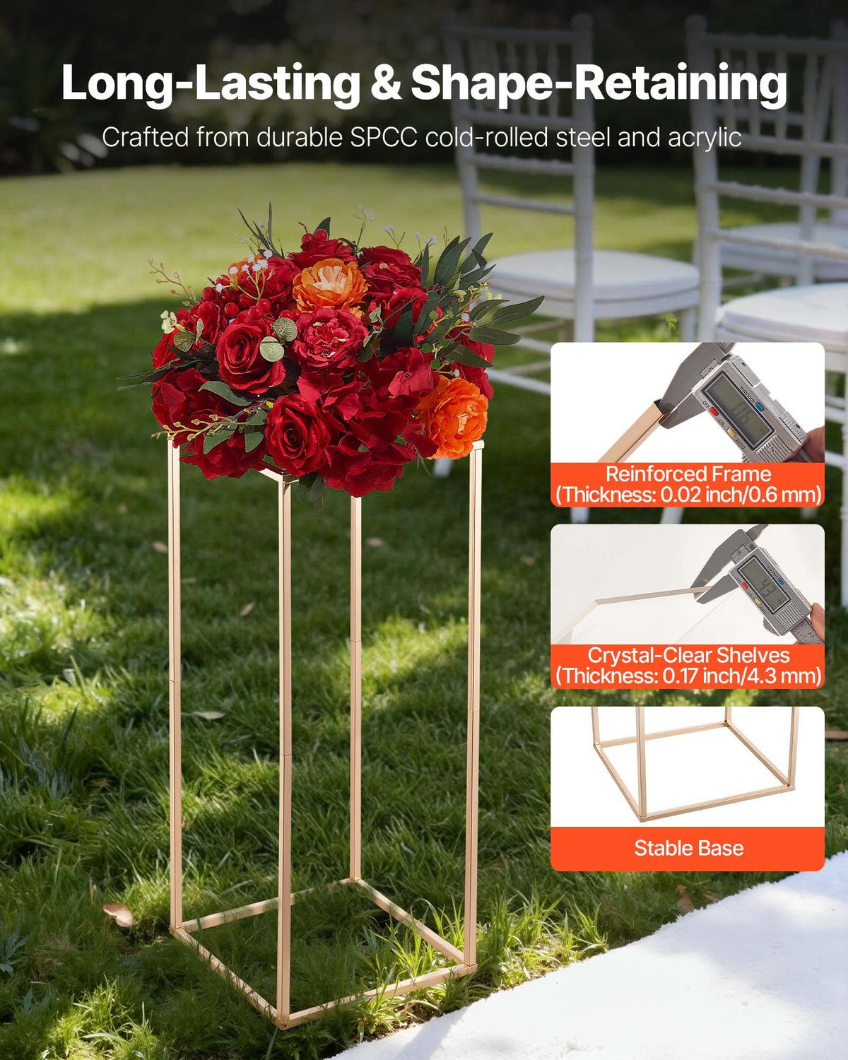 Wedding Flower Stand, 10PCS 60cm Column Flower Stand, Floral Stands with Acrylic Laminate, Gold Rectangular V952-HLHJLFT10J60VMTKM001V0