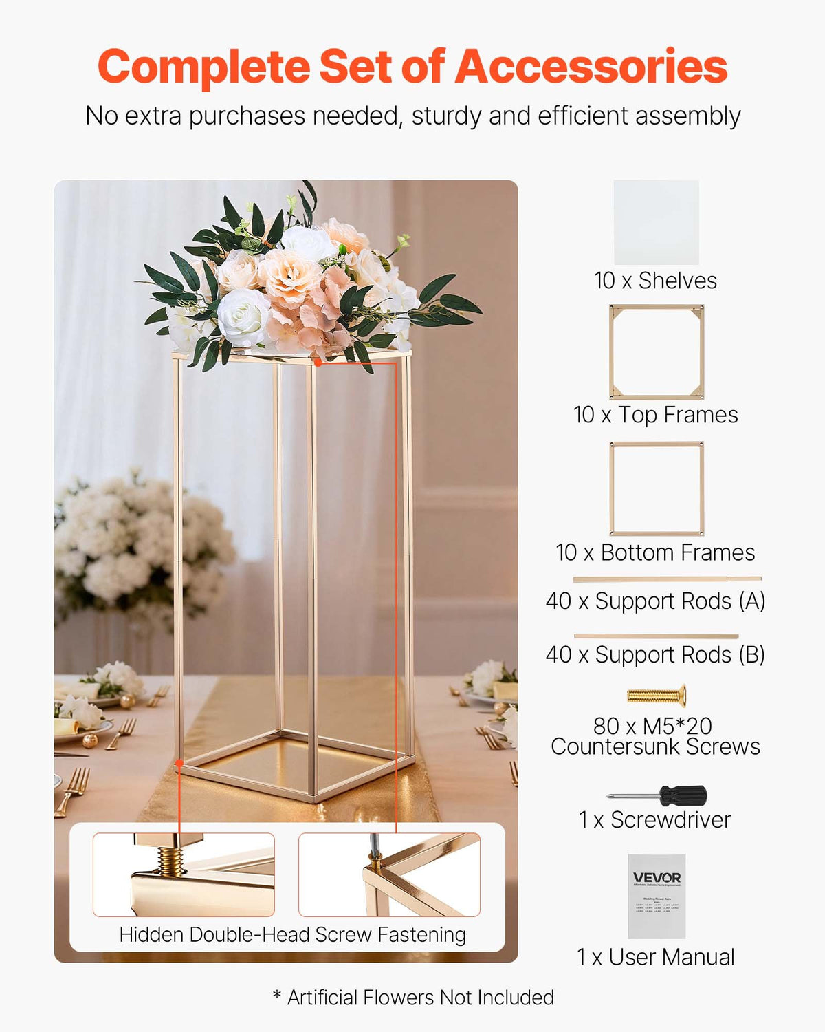 Wedding Flower Stand, 10PCS 60cm Column Flower Stand, Floral Stands with Acrylic Laminate, Gold Rectangular V952-HLHJLFT10J60VMTKM001V0