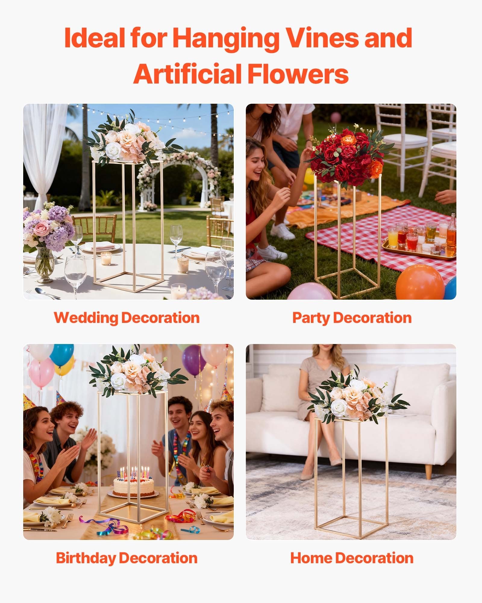 Wedding Flower Stand, 10PCS 60cm Column Flower Stand, Floral Stands with Acrylic Laminate, Gold Rectangular V952-HLHJLFT10J60VMTKM001V0