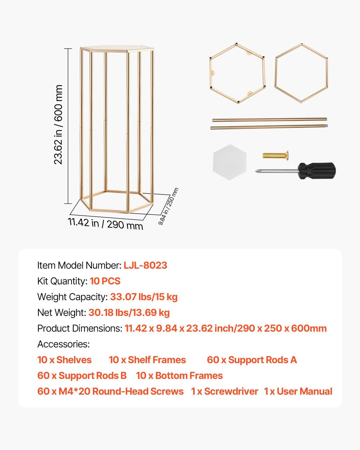 Wedding Flower Stand, 10PCS 60cm Column Flower Stand, Floral Stands with Acrylic Laminate, Hexagonal Cubic V952-HLHJLFT10J60YUXKY001V0