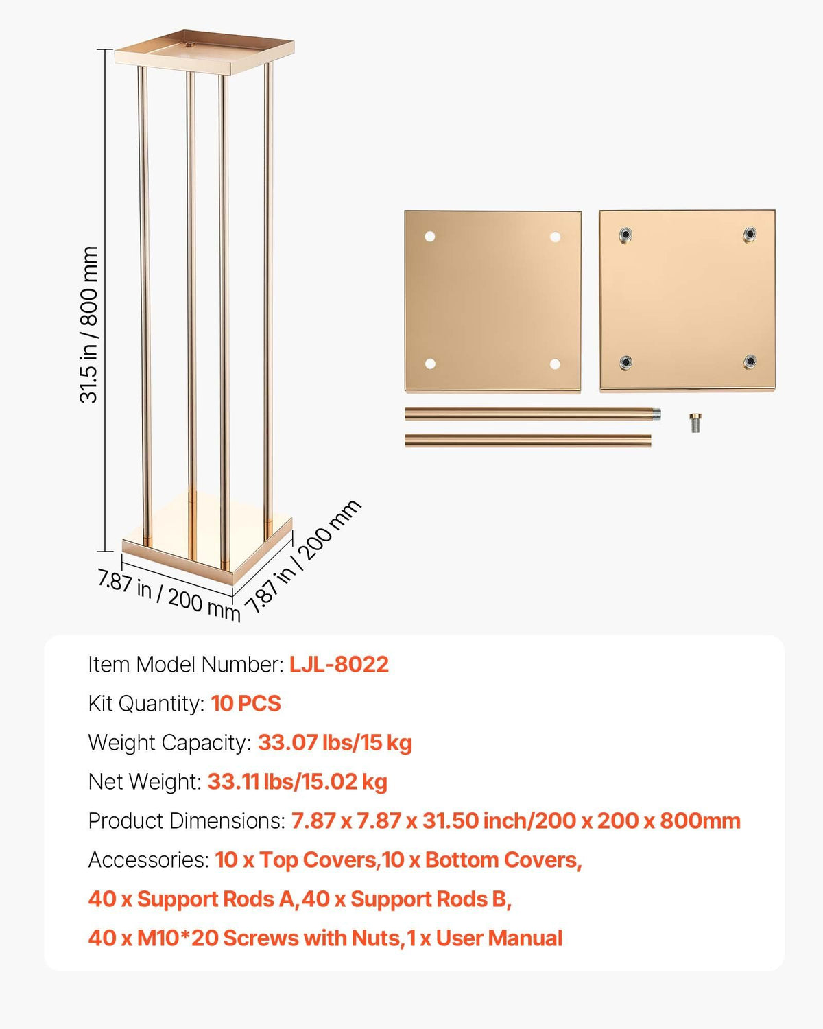 Wedding Flower Stand, 10PCS 80cm Column Flower Stand, Floral Stands with Metal Laminate, Cylindrical Cubic V952-HLHJLFT10J80A3YYA001V0