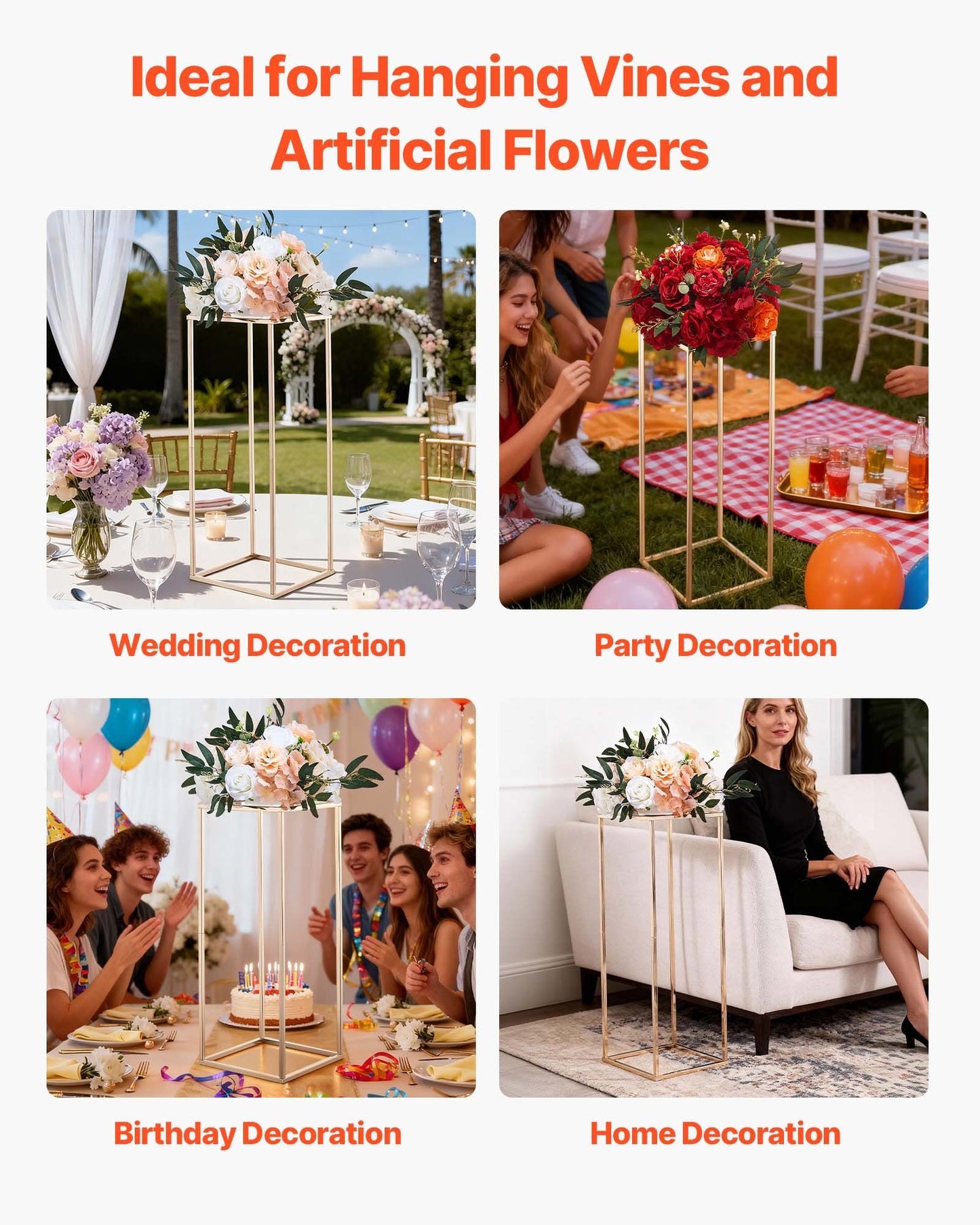 Wedding Flower Stand, 10PCS 80cm Column Flower Stand, Floral Stands with Metal Laminate, Gold Rectangular V952-HLHJLFT10J80SU4X0001V0