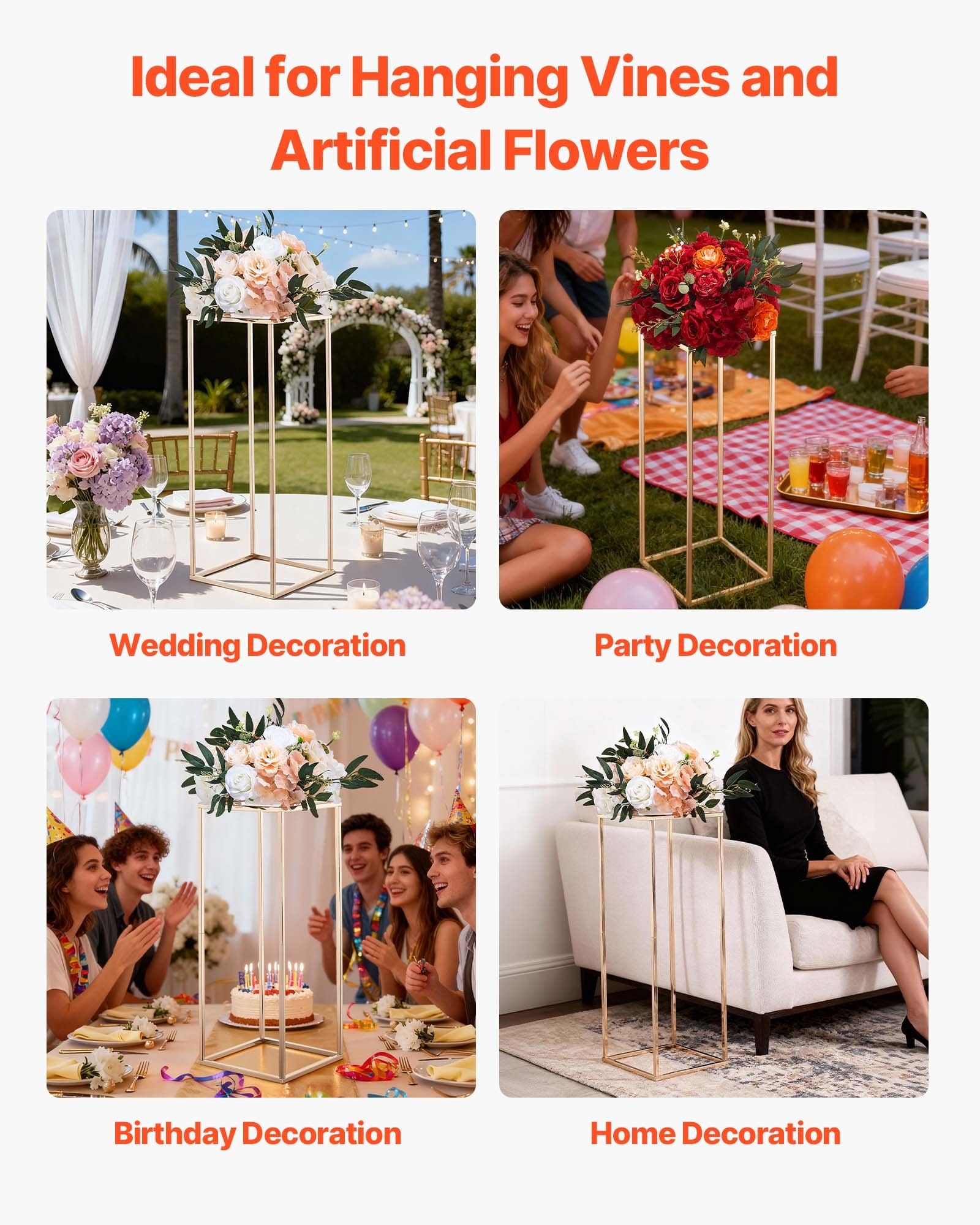 Wedding Flower Stand, 10PCS 80cm Column Flower Stand, Floral Stands with Metal Laminate, Gold Rectangular V952-HLHJLFT10J80SU4X0001V0