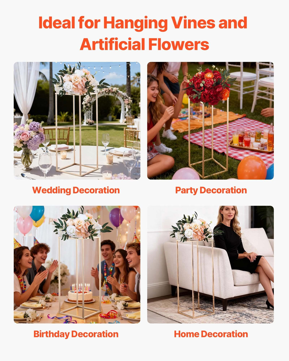 Wedding Flower Stand, 10PCS 80cm Column Flower Stand, Floral Stands with Metal Laminate, Gold Rectangular V952-HLHJLFT10J80SU4X0001V0