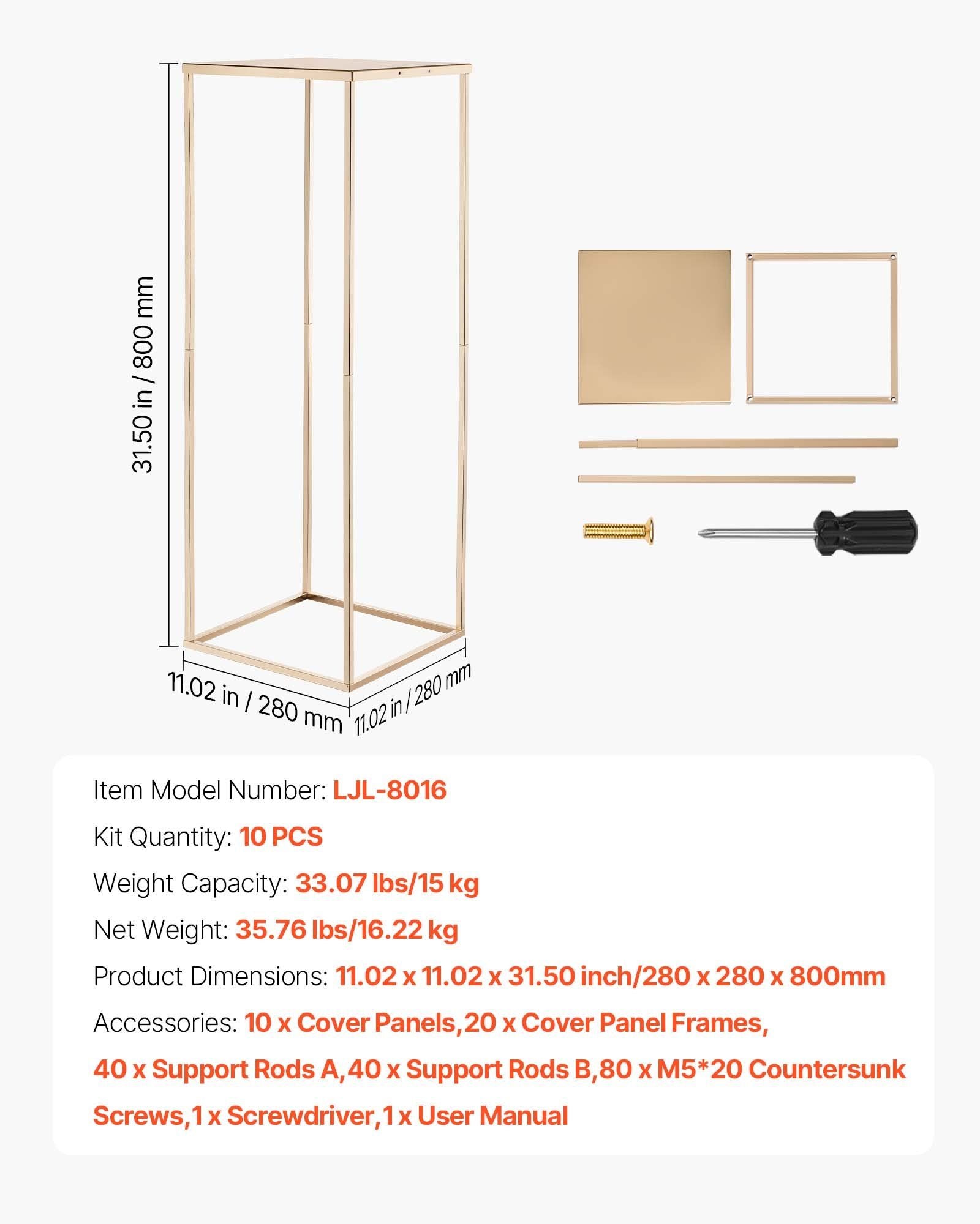Wedding Flower Stand, 10PCS 80cm Column Flower Stand, Floral Stands with Metal Laminate, Gold Rectangular V952-HLHJLFT10J80SU4X0001V0