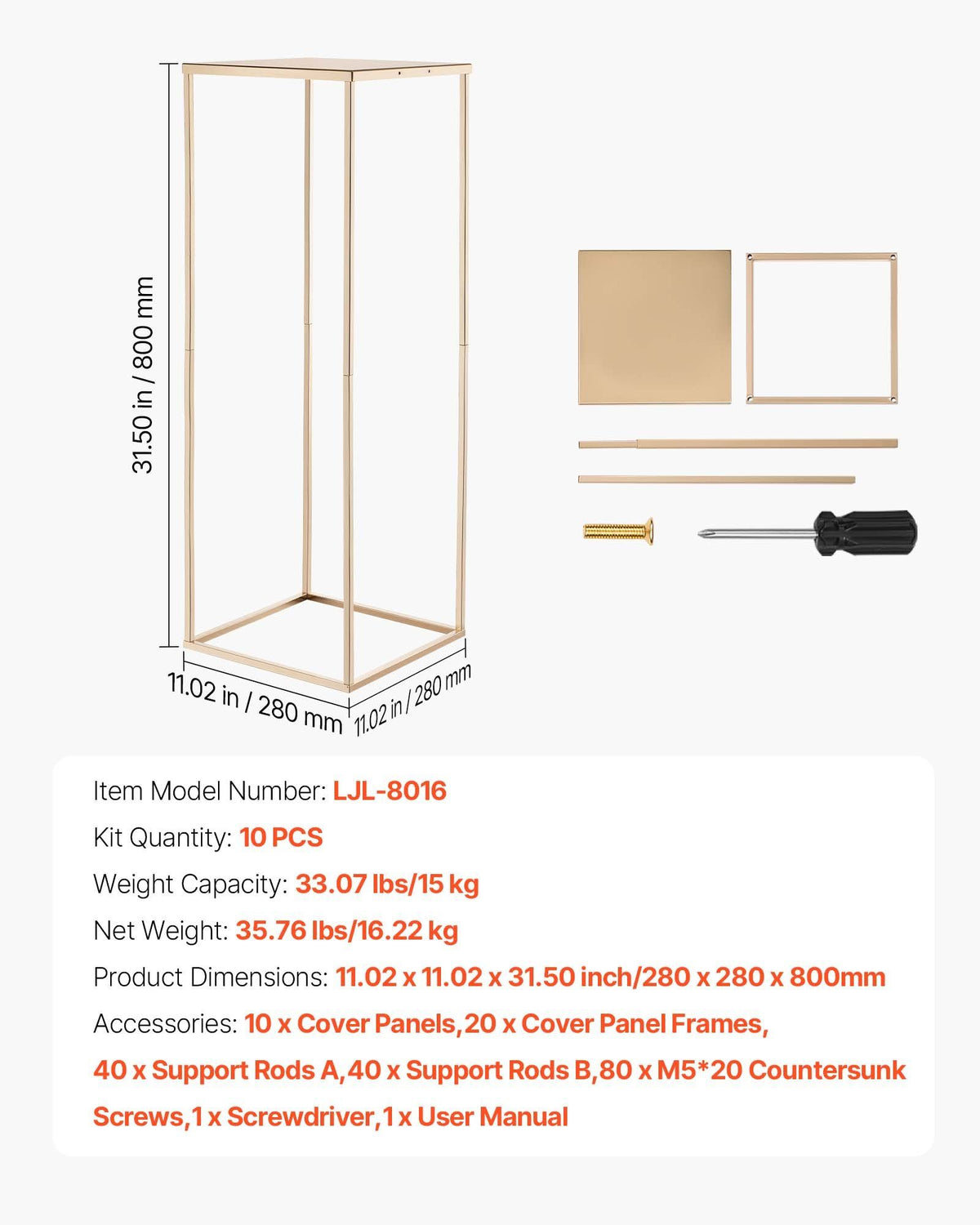 Wedding Flower Stand, 10PCS 80cm Column Flower Stand, Floral Stands with Metal Laminate, Gold Rectangular V952-HLHJLFT10J80SU4X0001V0