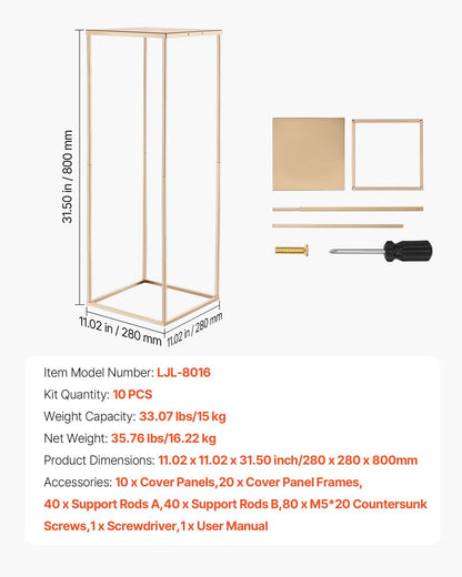 Wedding Flower Stand, 10PCS 80cm Column Flower Stand, Floral Stands with Metal Laminate, Gold Rectangular V952-HLHJLFT10J80SU4X0001V0