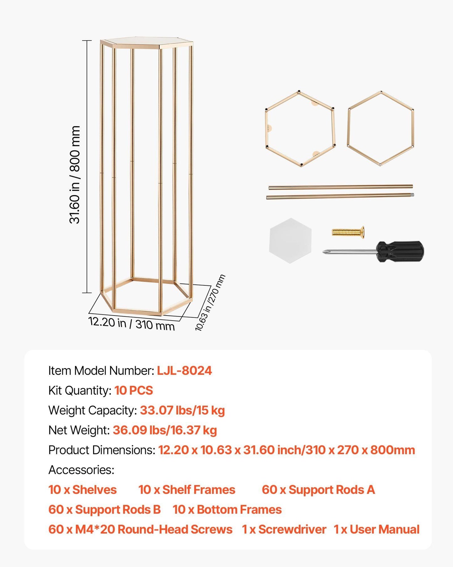 Wedding Flower Stand, 10PCS 80cm Column Flower Stand, Floral Stands with Acrylic Laminate, Hexagonal Cubic V952-HLHJLFT10J80XDSZ1001V0