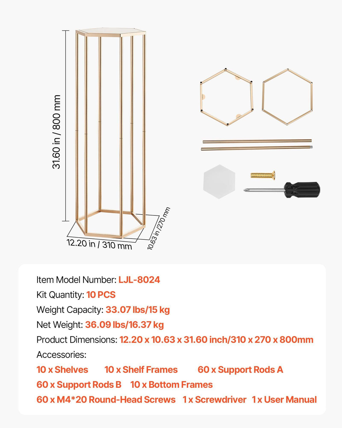 Wedding Flower Stand, 10PCS 80cm Column Flower Stand, Floral Stands with Acrylic Laminate, Hexagonal Cubic V952-HLHJLFT10J80XDSZ1001V0