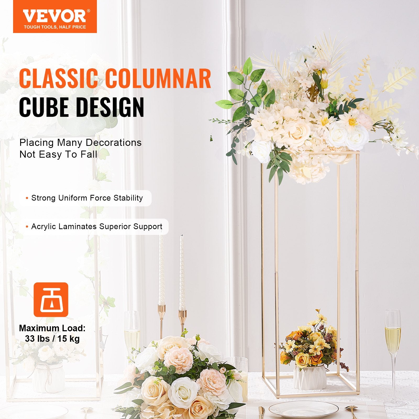 2PCS 31.5inch/80cm High Wedding Flower Stand, Metal Vase Column Geometric Centerpiece Stands, Gold V952-HLHJLFTJXKWCGALT3V0