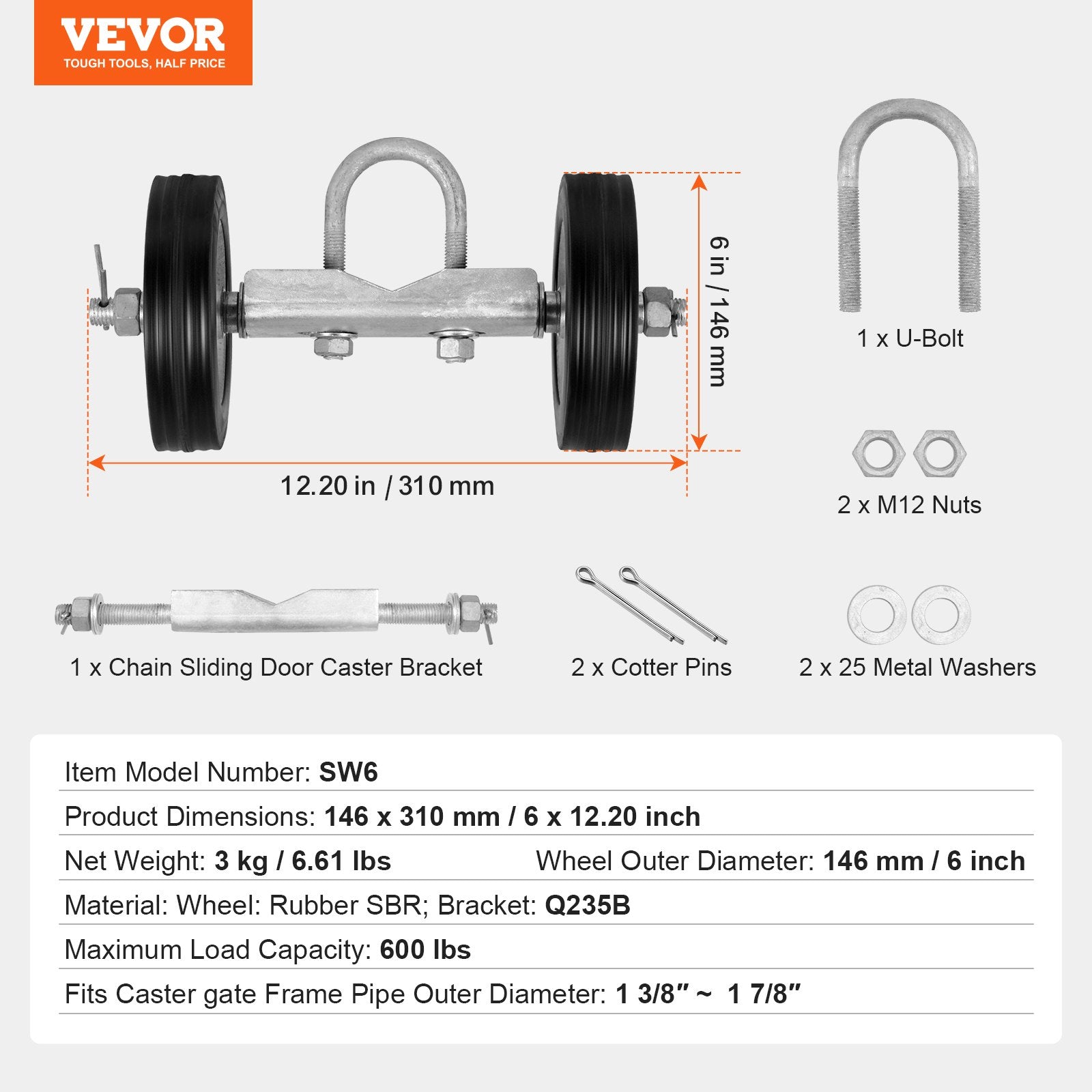 Sliding Gate Kit 6" Heavy Duty Rolling Hardware for Door 600 lbs Load V952-HLHMJLJ6INCHGYJBVV0