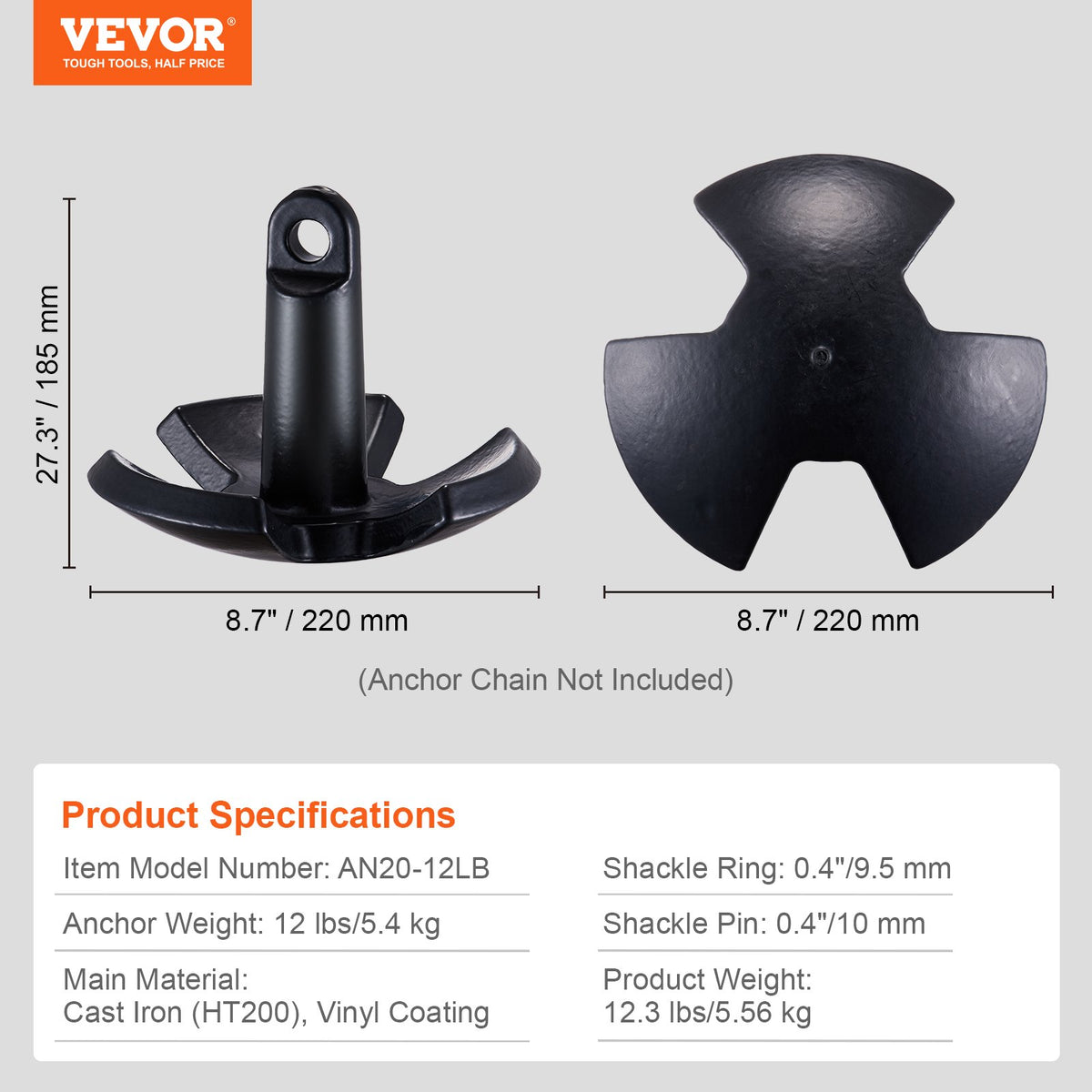 River Anchor, 12 LBS Boat Anchor Cast Iron Black Vinyl-Coated with Shackle, Marine Grade Mushroom Anchor for V952-HMDPZT12B000EDC67V0