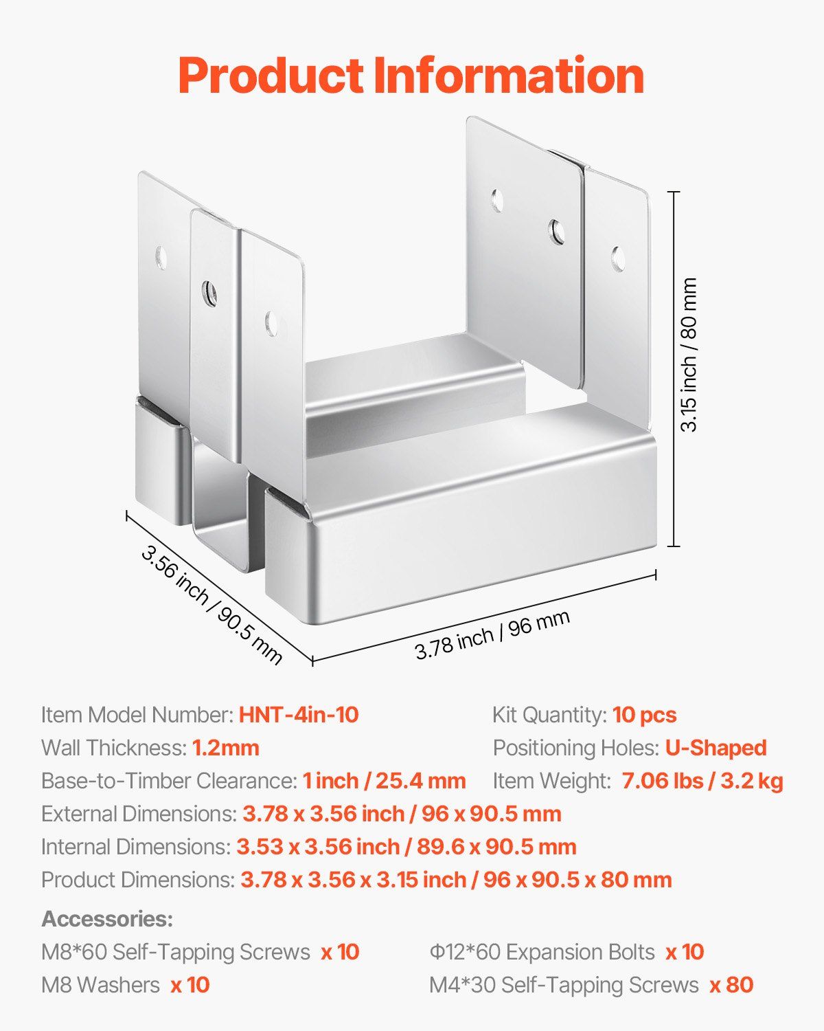 4x4 Post Base 10 Pcs, Inner Size 3.53x3.56inch/89.6x90.5mm Concrete Post Anchor, Heavy-Duty Zinc-Plated V952-HNTJZ44YC10JREKGG001V0