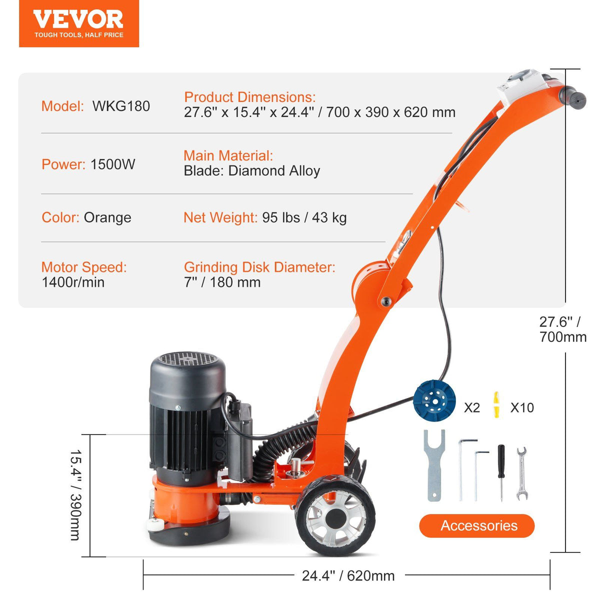 Electric Concrete Floor Grinder 7" Walk-Behind Grinder 2.0HP Concrete Floor Polisher, 1500W Grinding Machine, V952-HNTSGJJS13002S4ZDV3
