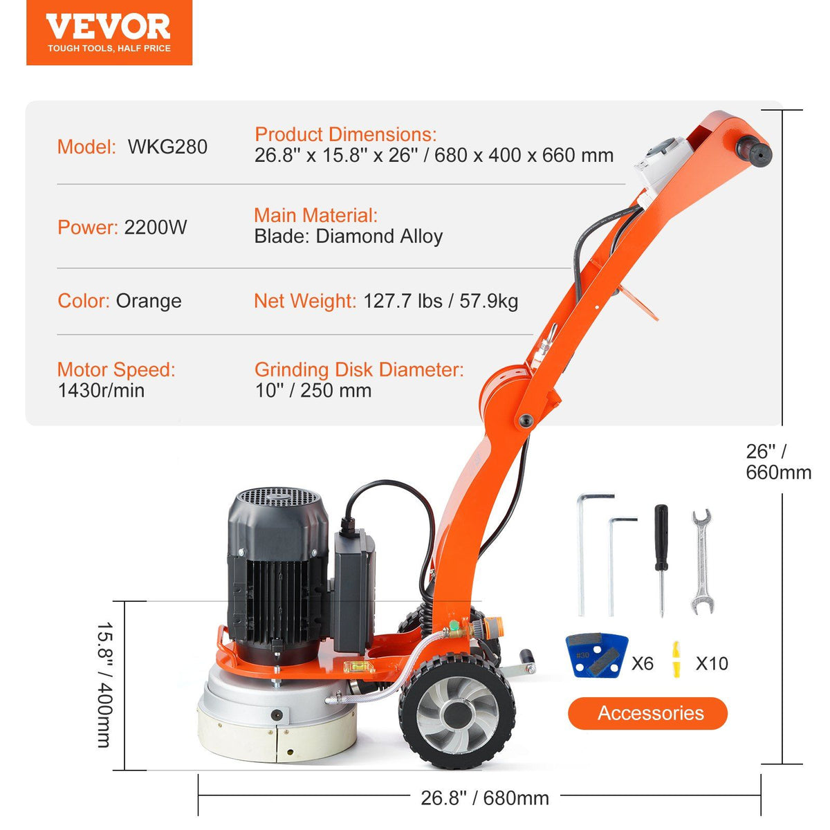 Electric Concrete Floor Grinder 10" Walk-Behind Grinder 3.0HP Concrete Floor Polisher, 2200W Grinding V952-HNTSGJJS1300C00IVV3
