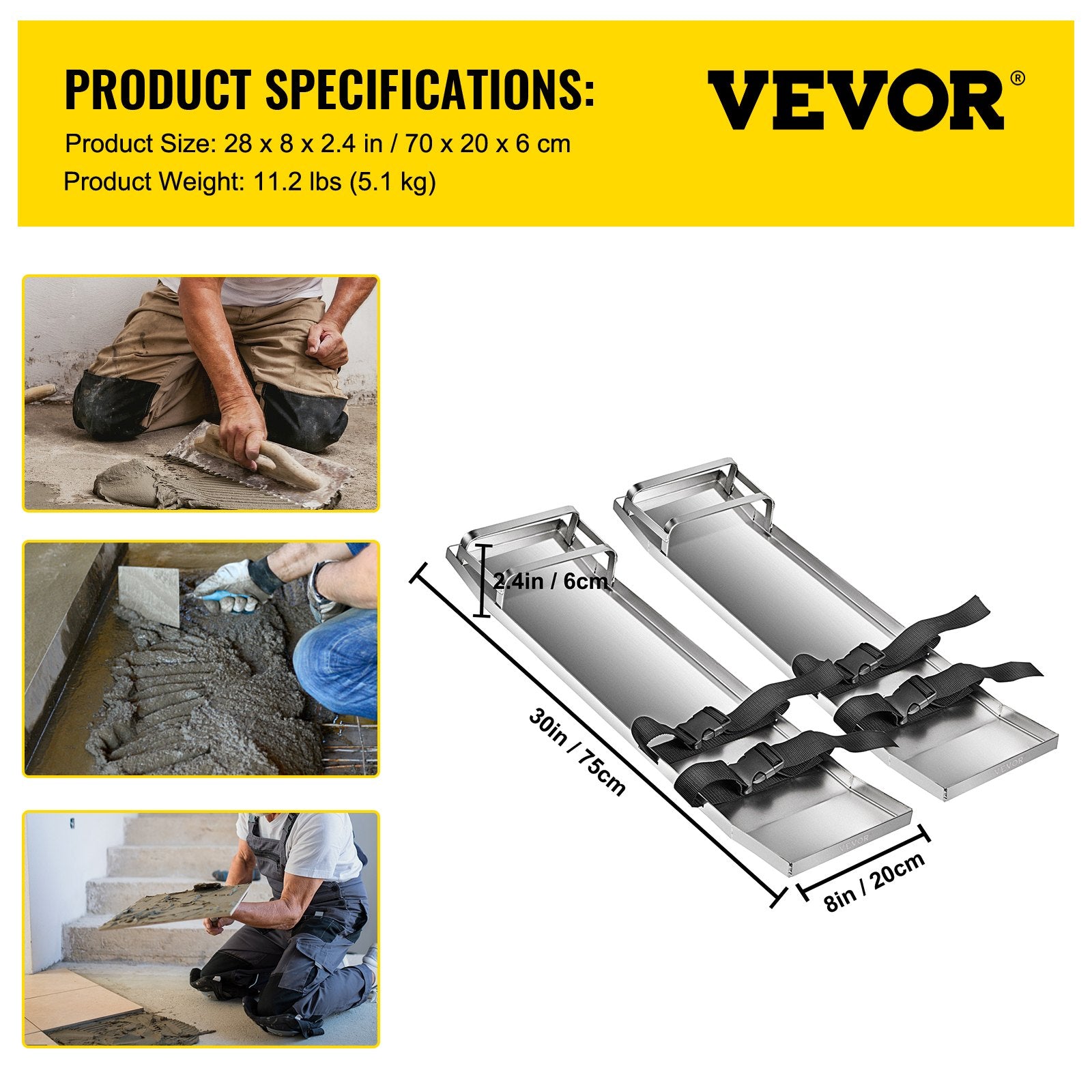 Concrete Knee Boards 70cm x 20cm Slider Knee Boards, Kneeler Board Stainless Steel Kneeboards, Concrete V952-HNTXGB30X8WHD0001V0