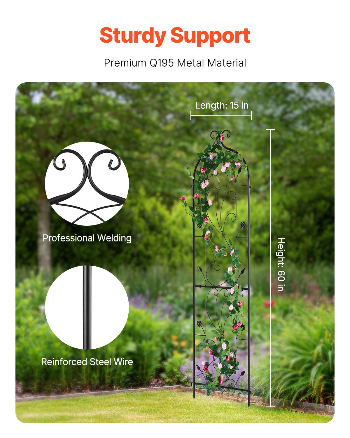 Metal Garden Trellis for Climbing Plant Support 60 x 15 in Rustproof V952-HPJHX1JTH60WGXYFNV0