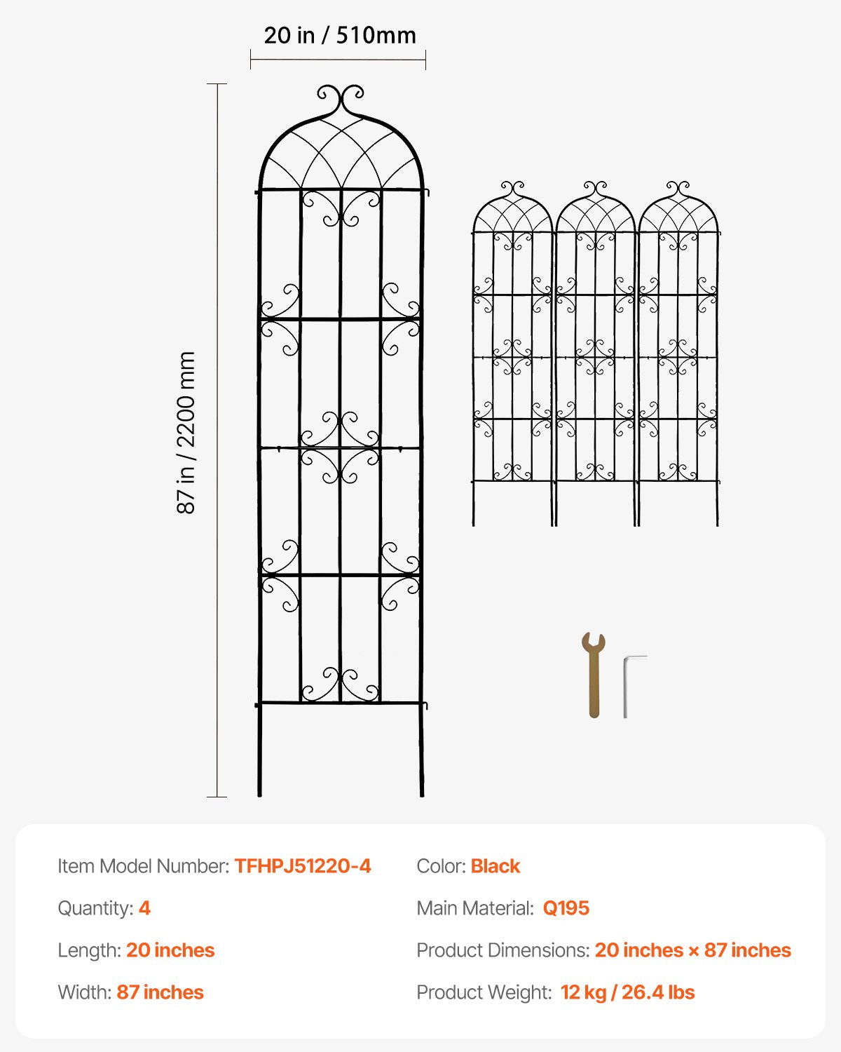 Garden Trellis for Climbing Plants, 87 x 20 in, 4 Packs Rustproof Metal Garden Flower Trellis, Outdoor V952-HPJHX4JTH87W88ZO1V0