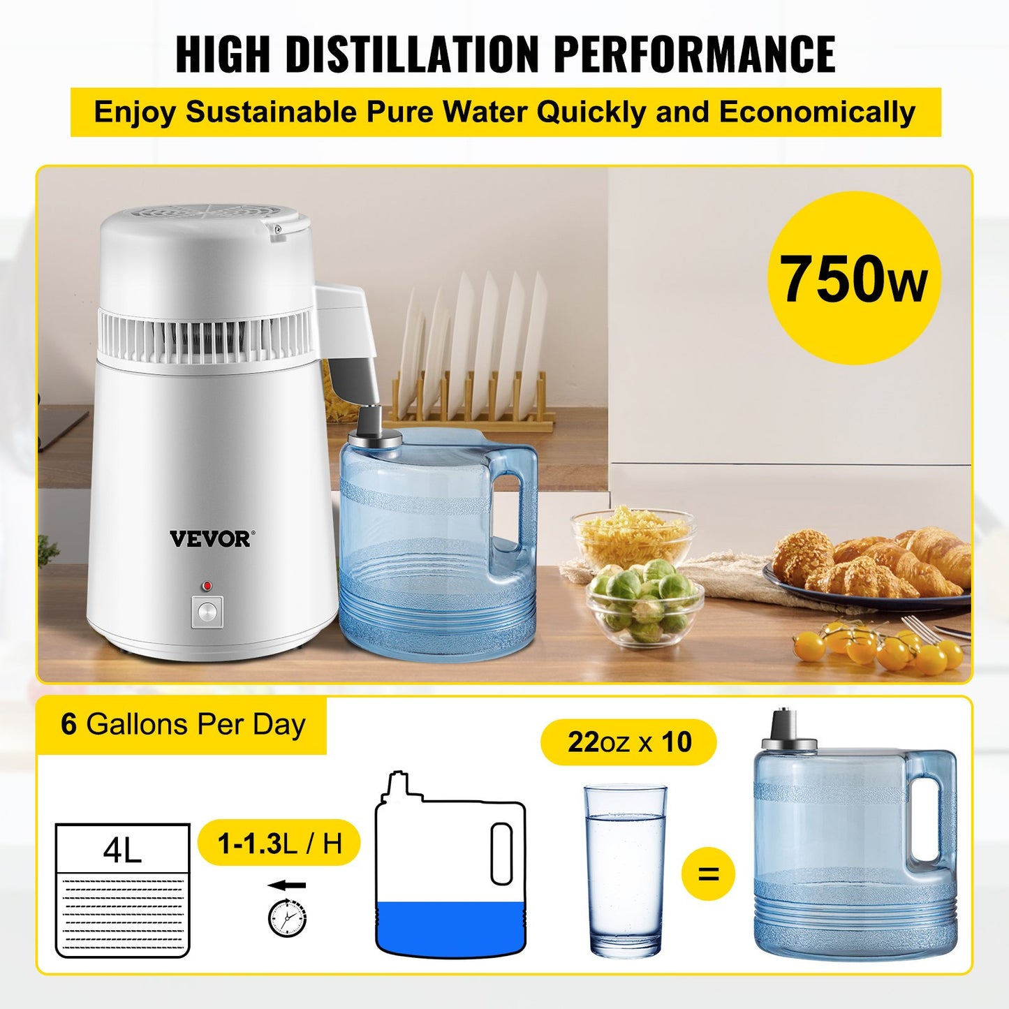 Water Distiller Purifier Pure Water Distiller Filters Water Distillation 4L Internal Stainless Steel with V952-HR-1ZLSJ000000001V3