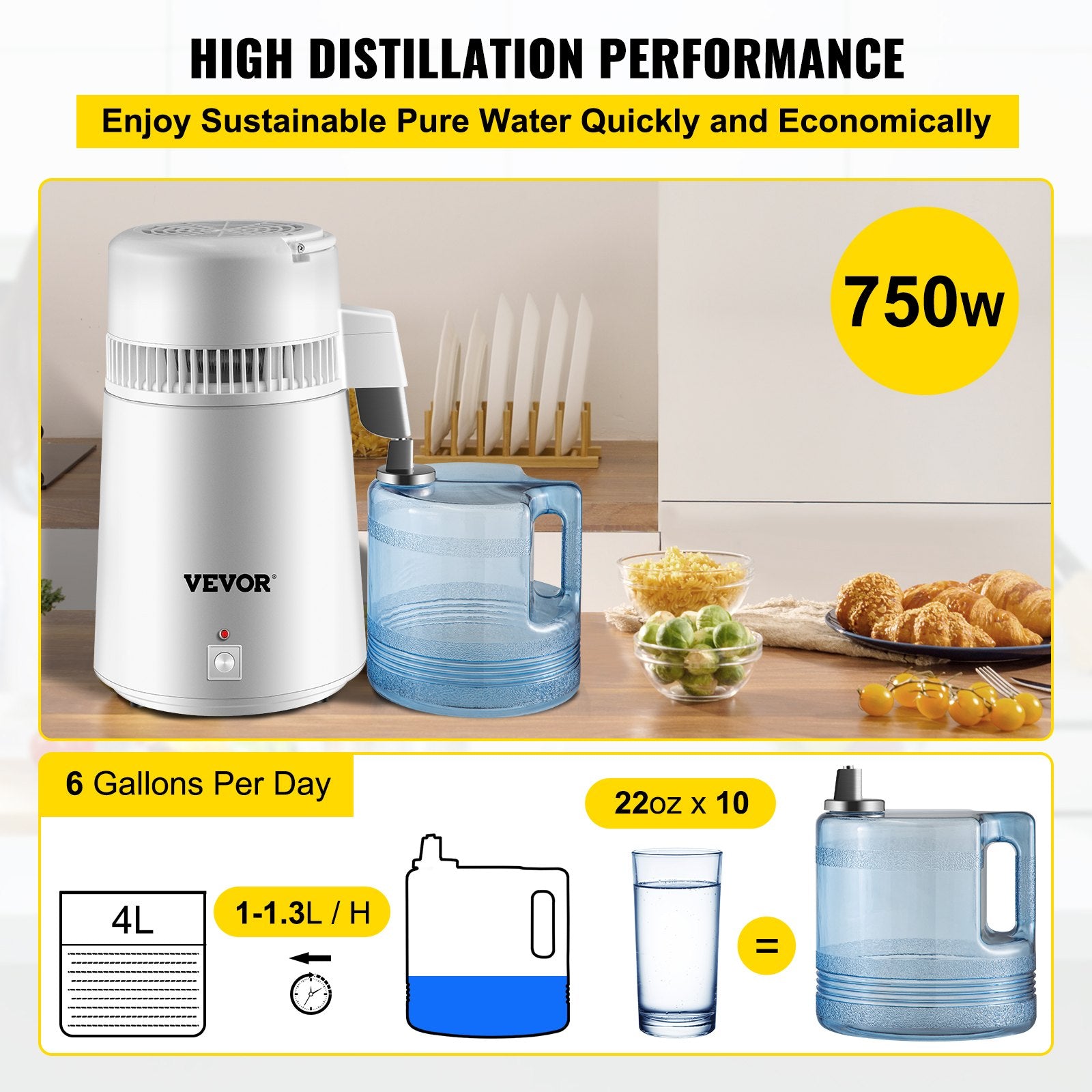 Water Distiller Purifier Pure Water Distiller Filters Water Distillation 4L Internal Stainless Steel with V952-HR-1ZLSJ000000001V3