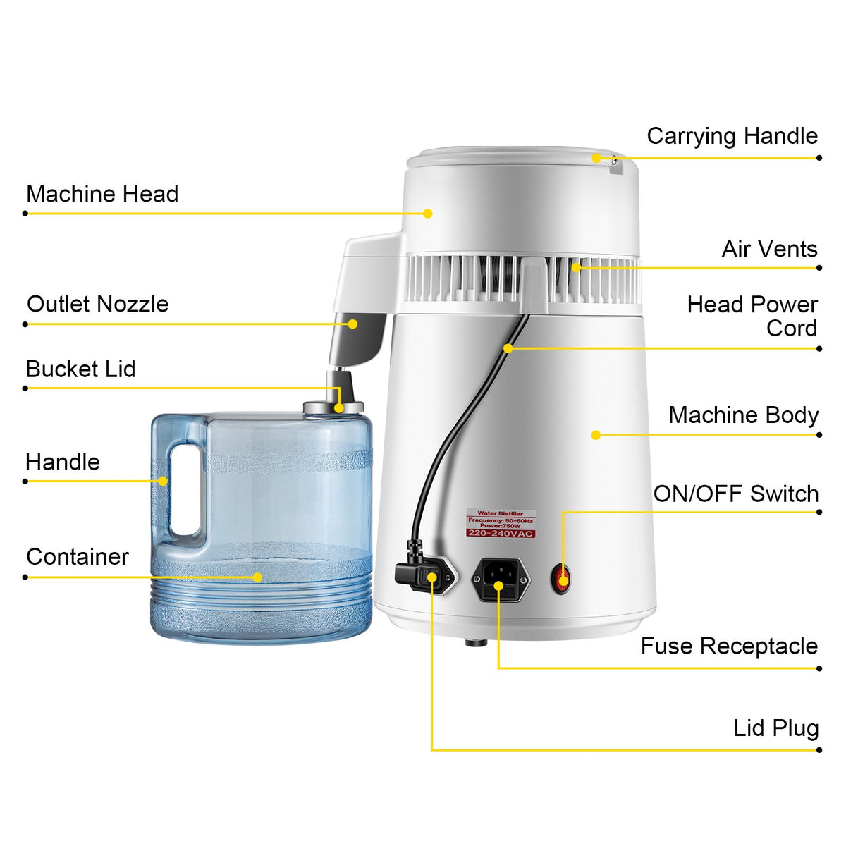 Water Distiller Purifier Pure Water Distiller Filters Water Distillation 4L Internal Stainless Steel with V952-HR-1ZLSJ000000001V3