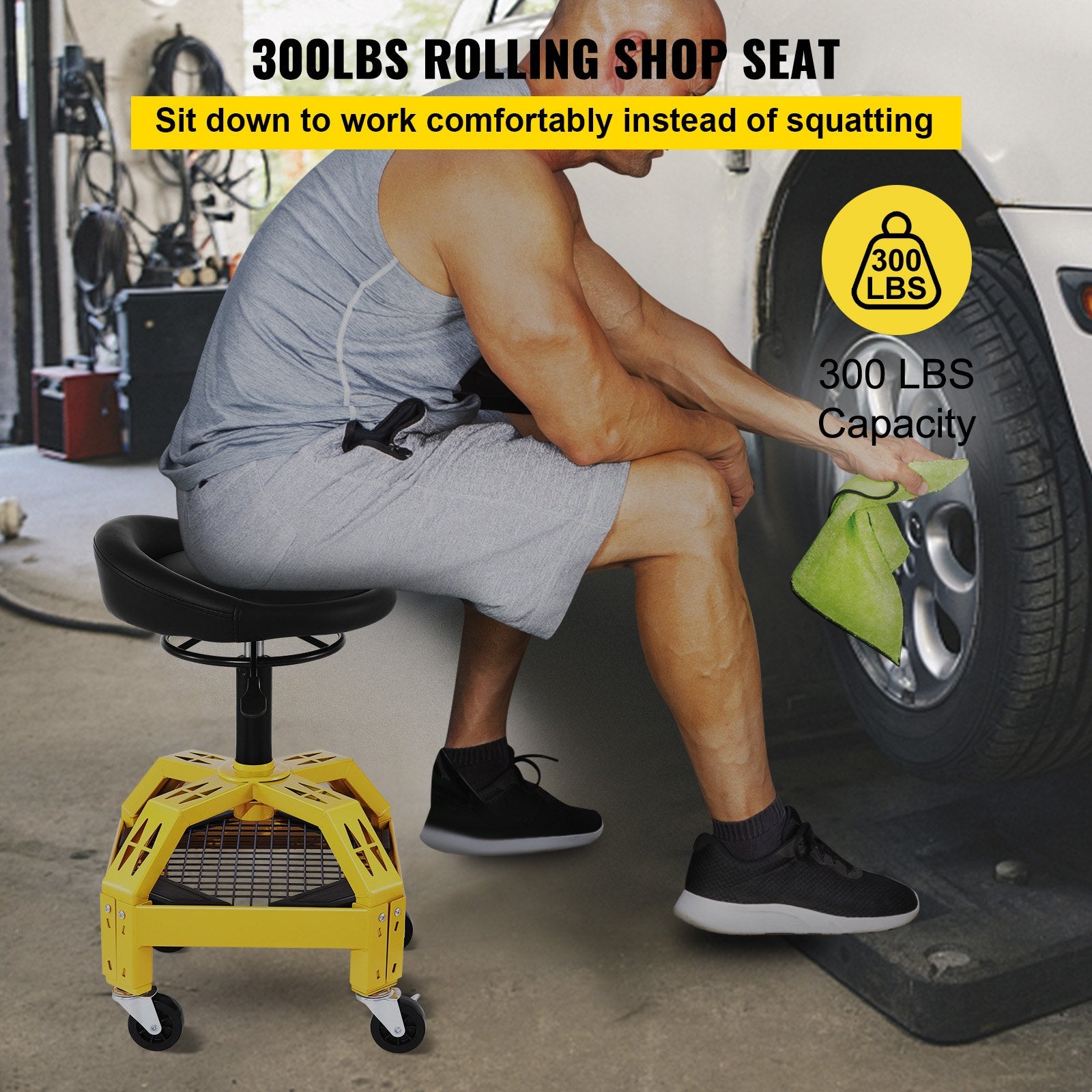 Rolling Garage Stool, 300LBS Capacity, Adjustable Height from 24 in to 28.7 in, Mechanic Seat with 360-degree V952-HSGLJGCKXCDBDZBARV0