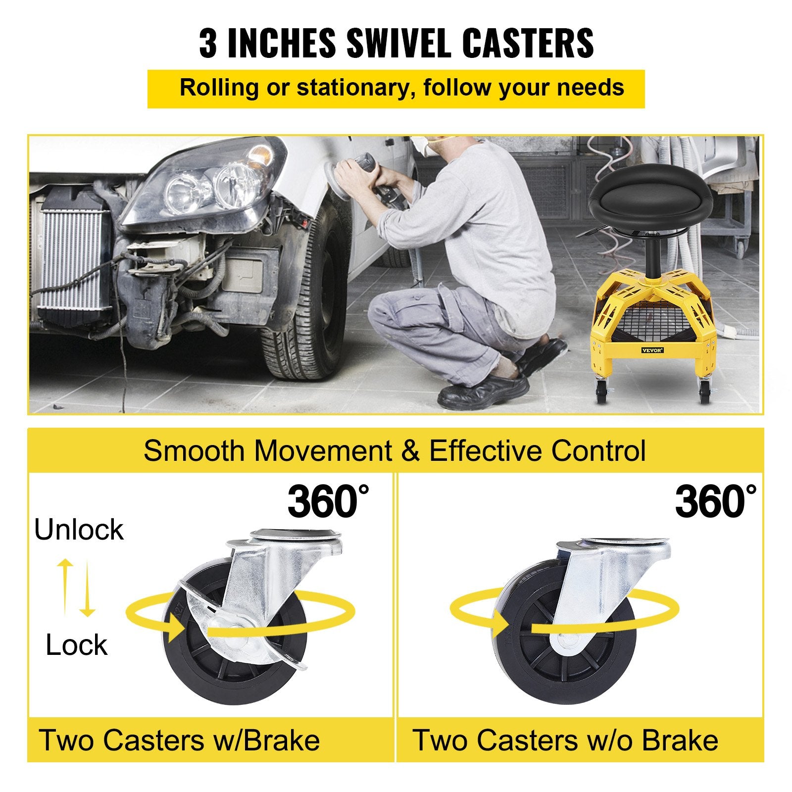 Rolling Garage Stool, 300LBS Capacity, Adjustable Height from 24 in to 28.7 in, Mechanic Seat with 360-degree V952-HSGLJGCKXCDBDZBARV0