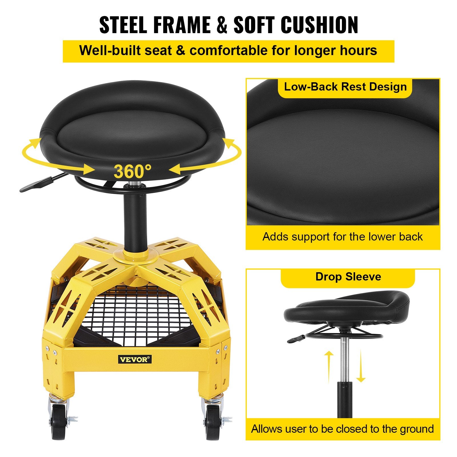 Rolling Garage Stool, 300LBS Capacity, Adjustable Height from 24 in to 28.7 in, Mechanic Seat with 360-degree V952-HSGLJGCKXCDBDZBARV0