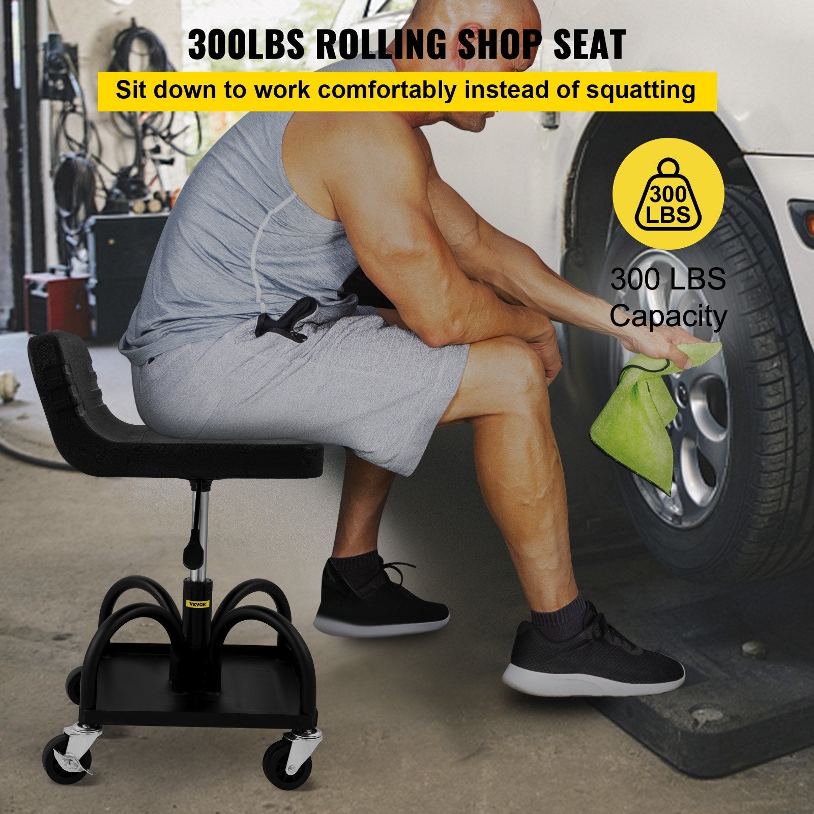 Rolling Garage Stool 300LBS Adjustable Mechanic Work Shop Seat w/Casters V952-HSKSJJXGZYBDDF5PZV0