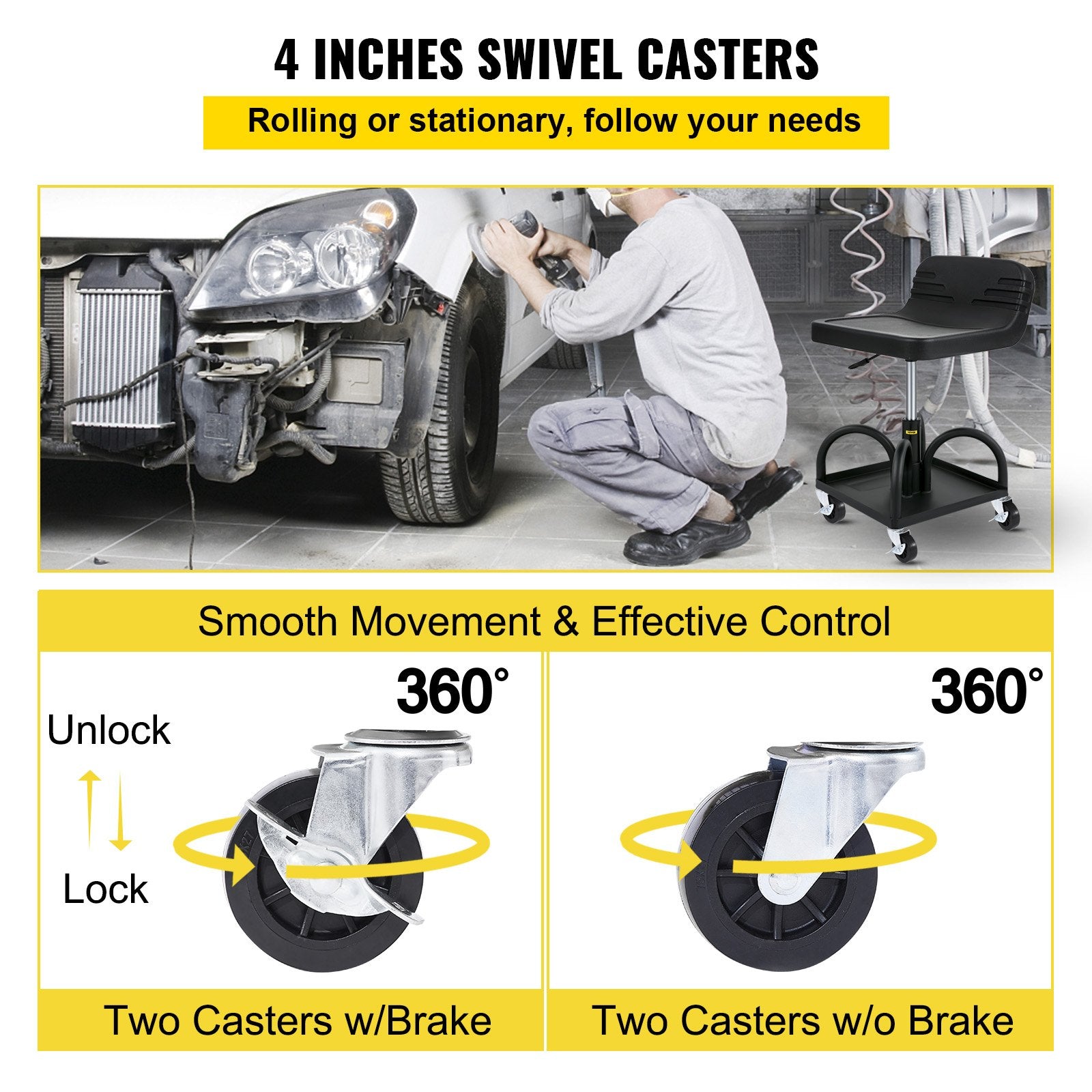 Rolling Garage Stool 300LBS Adjustable Mechanic Work Shop Seat w/Casters V952-HSKSJJXGZYBDDF5PZV0