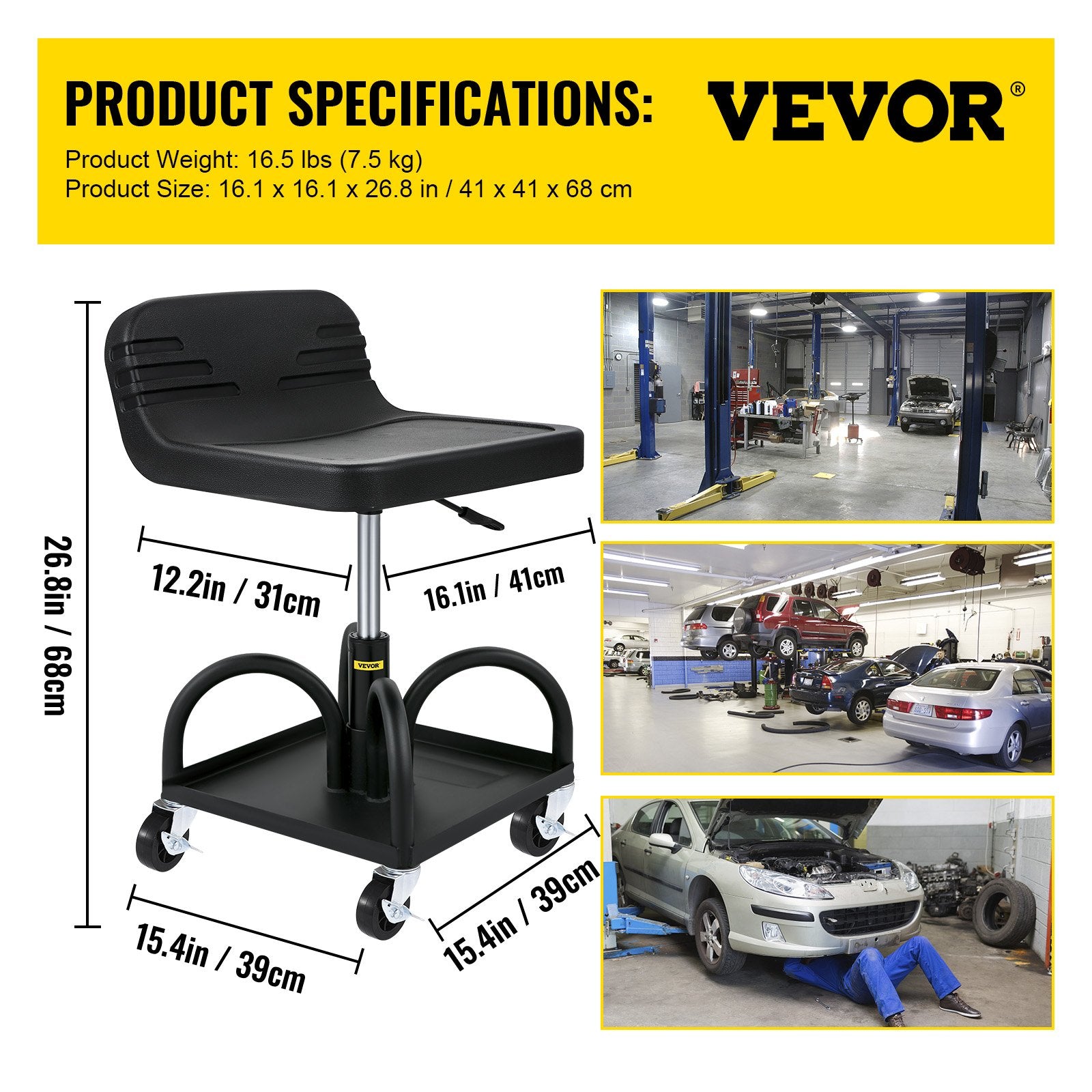 Rolling Garage Stool 300LBS Adjustable Mechanic Work Shop Seat w/Casters V952-HSKSJJXGZYBDDF5PZV0