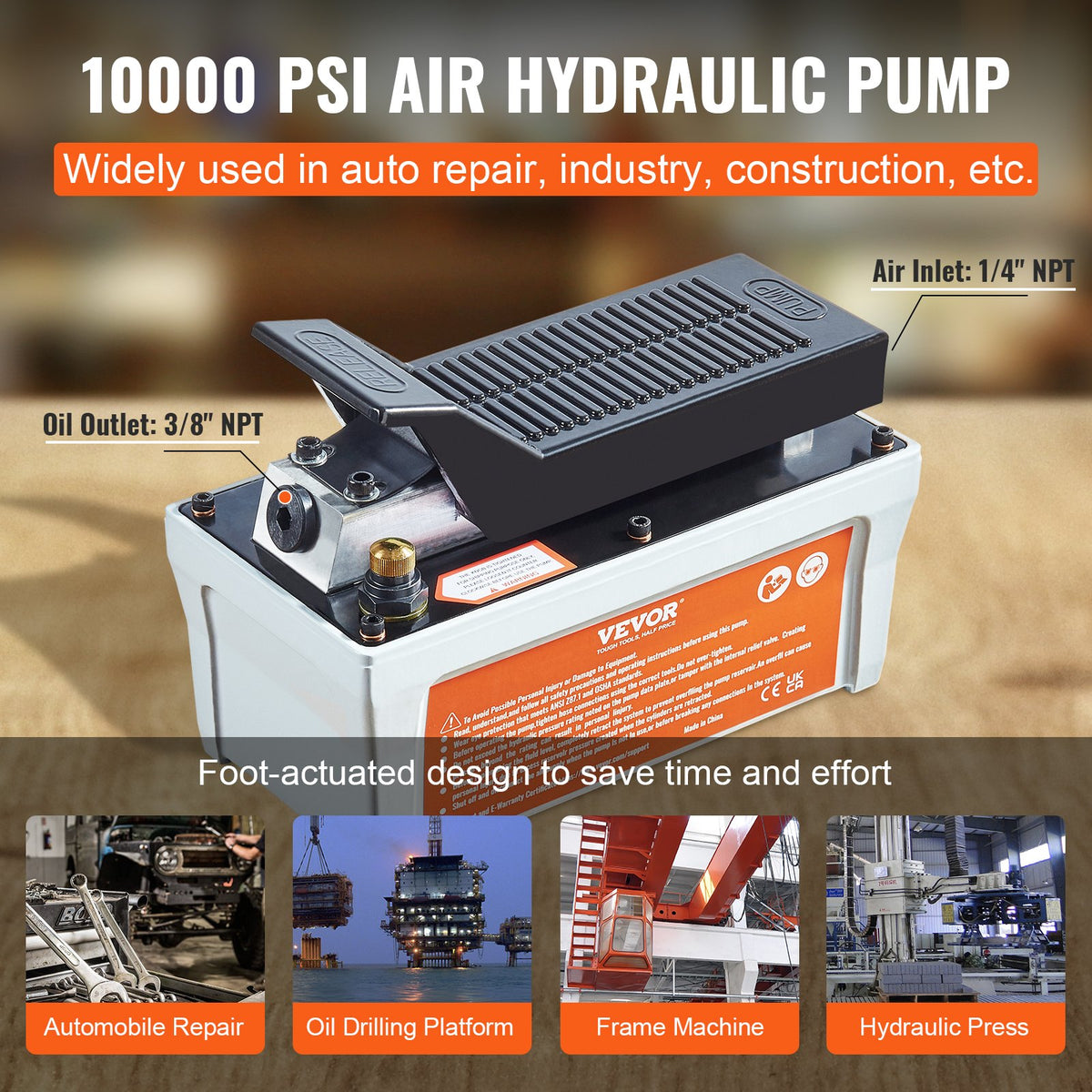 Air Hydraulic Pump, 10,000 PSI 1/2 Gal Reservoir, NPT 3/8" Oil Outlet, NPT 1/4" Inlet, 6.6 ft Pipe, Foot V952-HSMJTELECTRIC8F6HV0