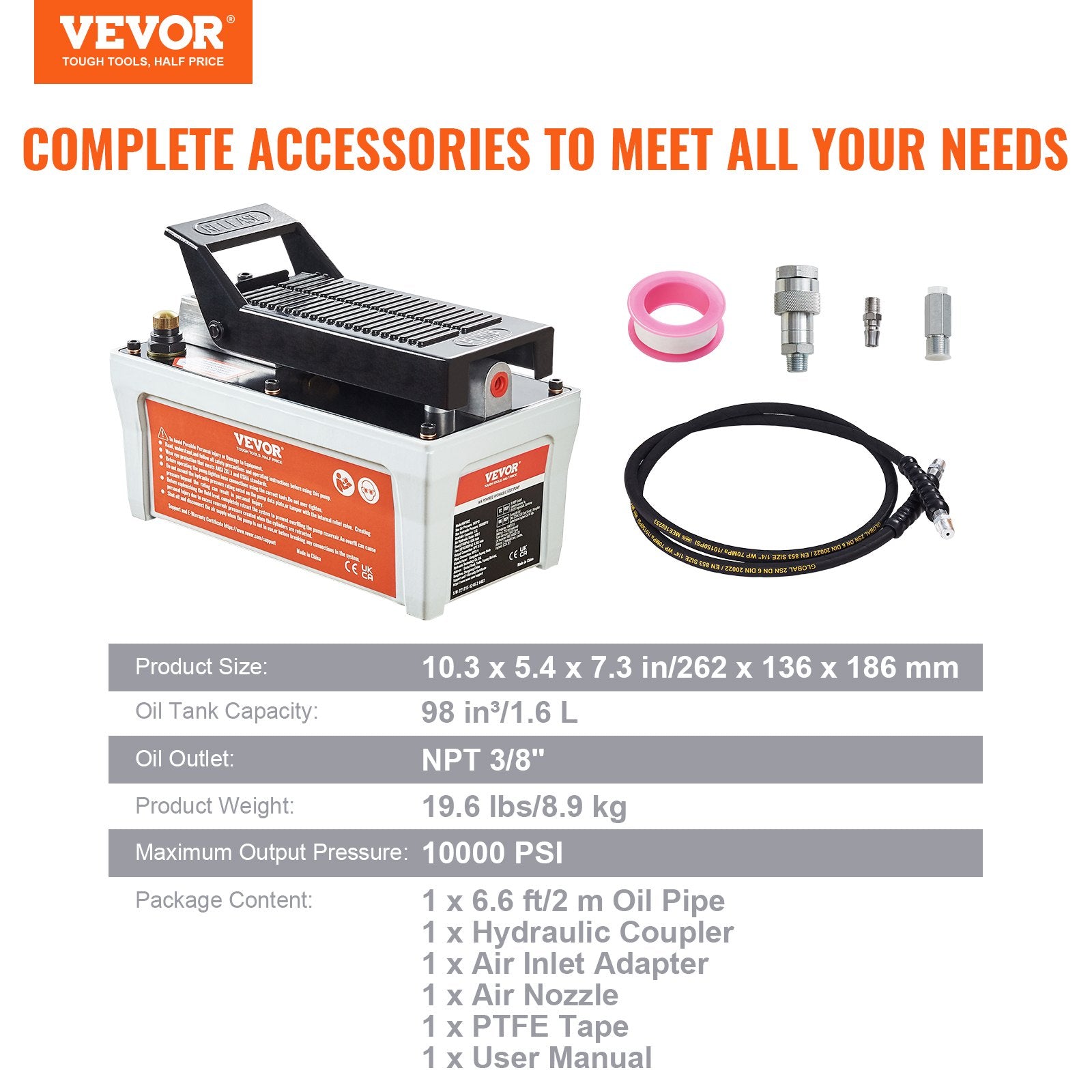 Air Hydraulic Pump, 10,000 PSI 1/2 Gal Reservoir, NPT 3/8" Oil Outlet, NPT 1/4" Inlet, 6.6 ft Pipe, Foot V952-HSMJTELECTRIC8F6HV0