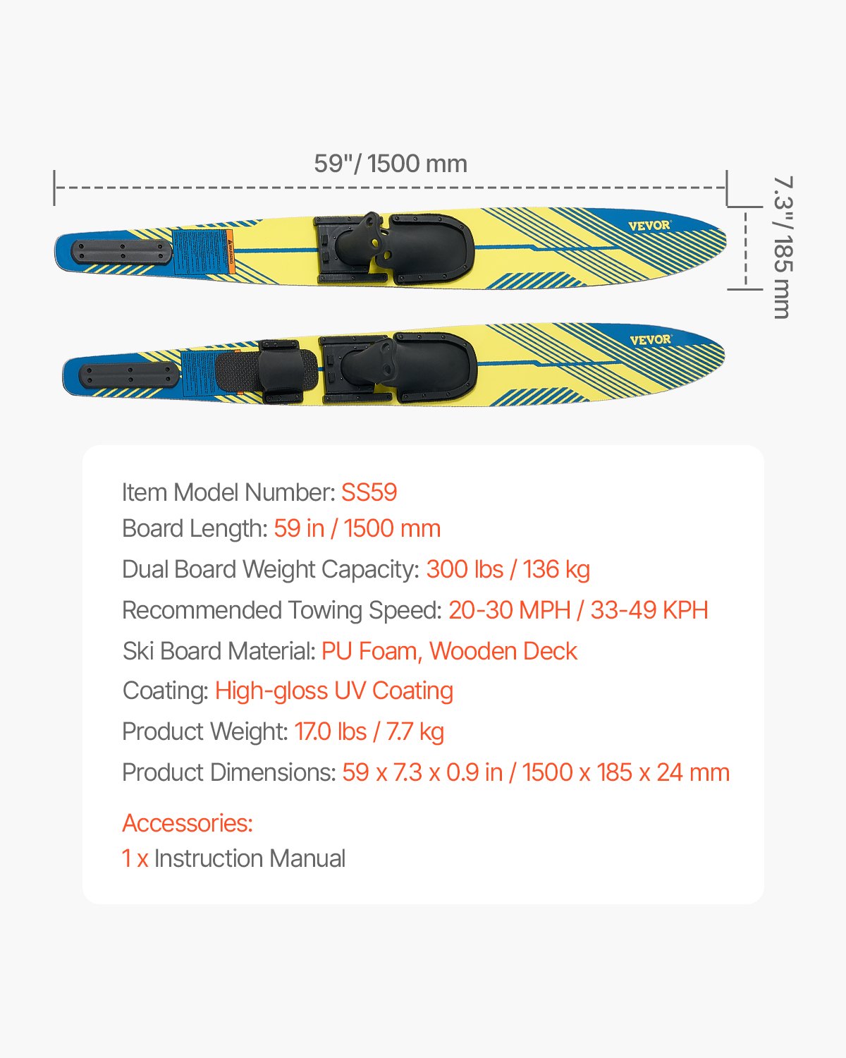 150 cm Water Skis Combo Adults Water Skis with X-7 Adjustable Bindings V952-HSQSJK54INCHM9FM6V0
