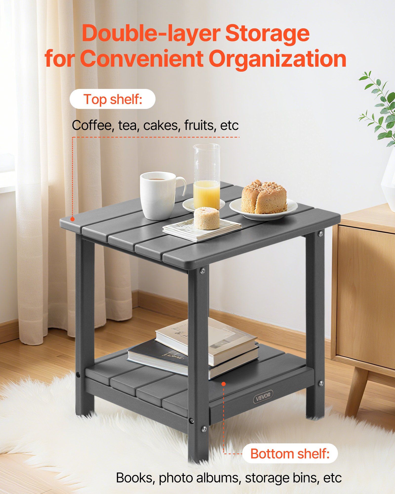 Outdoor Side Table, 450W x 380D x 440H mm, Double Layer HDPE Outside End Table for Easy Maintenance, V952-HWBZHDPEJXZMOR2RE001V0