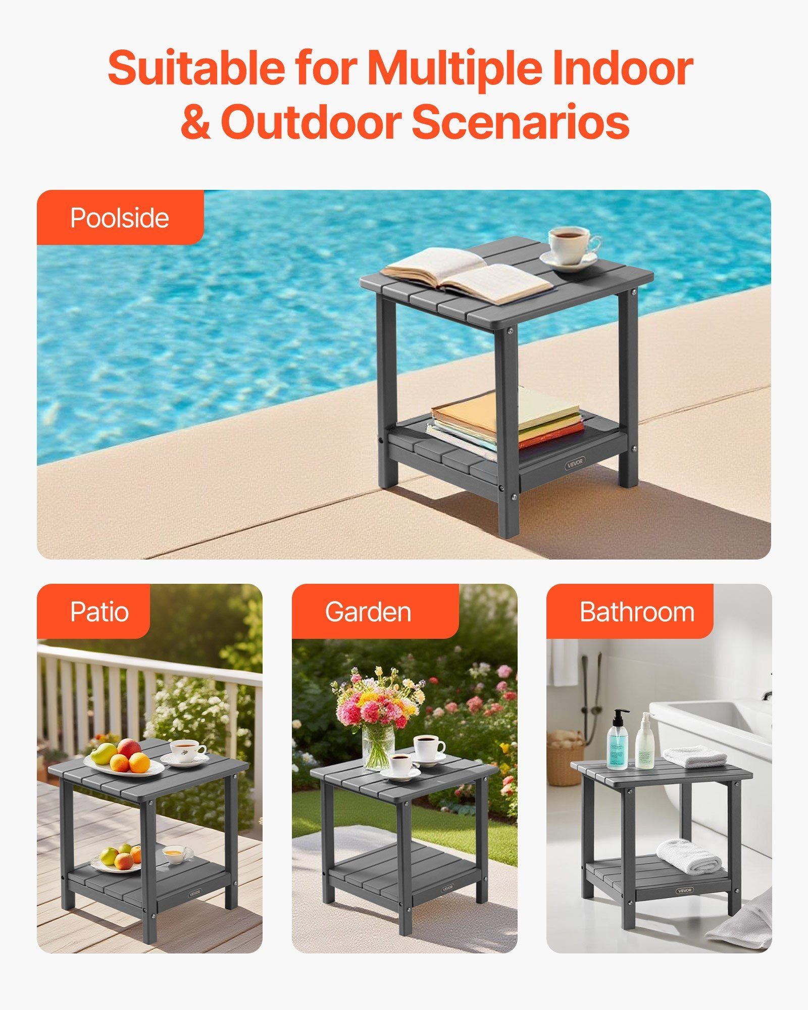 Outdoor Side Table, 450W x 380D x 440H mm, Double Layer HDPE Outside End Table for Easy Maintenance, V952-HWBZHDPEJXZMOR2RE001V0