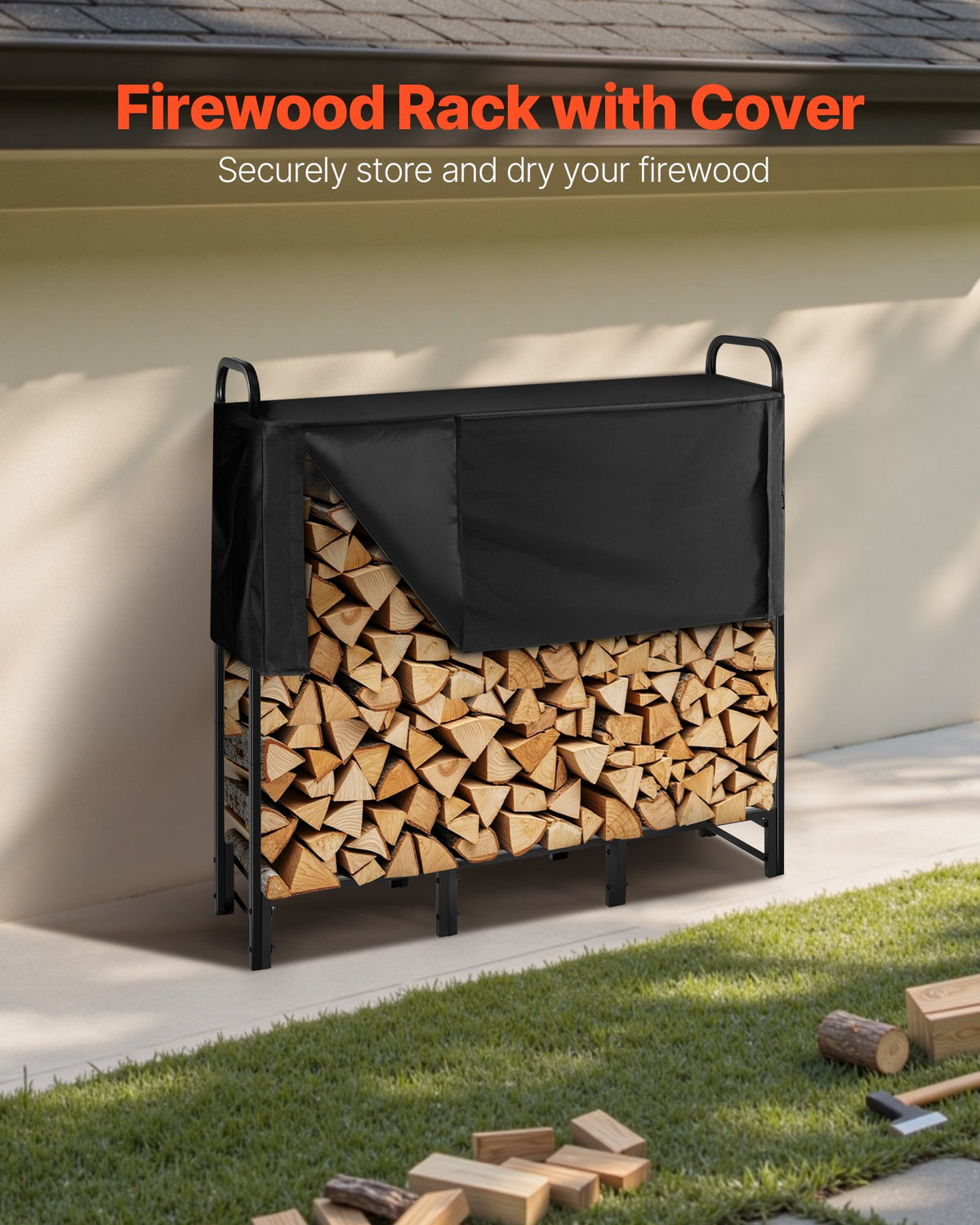 Firewood Rack with Waterproof Cover, 1.22m Outdoor Firewood Holder, 1/4 Cord Storage Metal Log Holder, 400lb V952-HWDCJ4FT20MMXR42A001V0