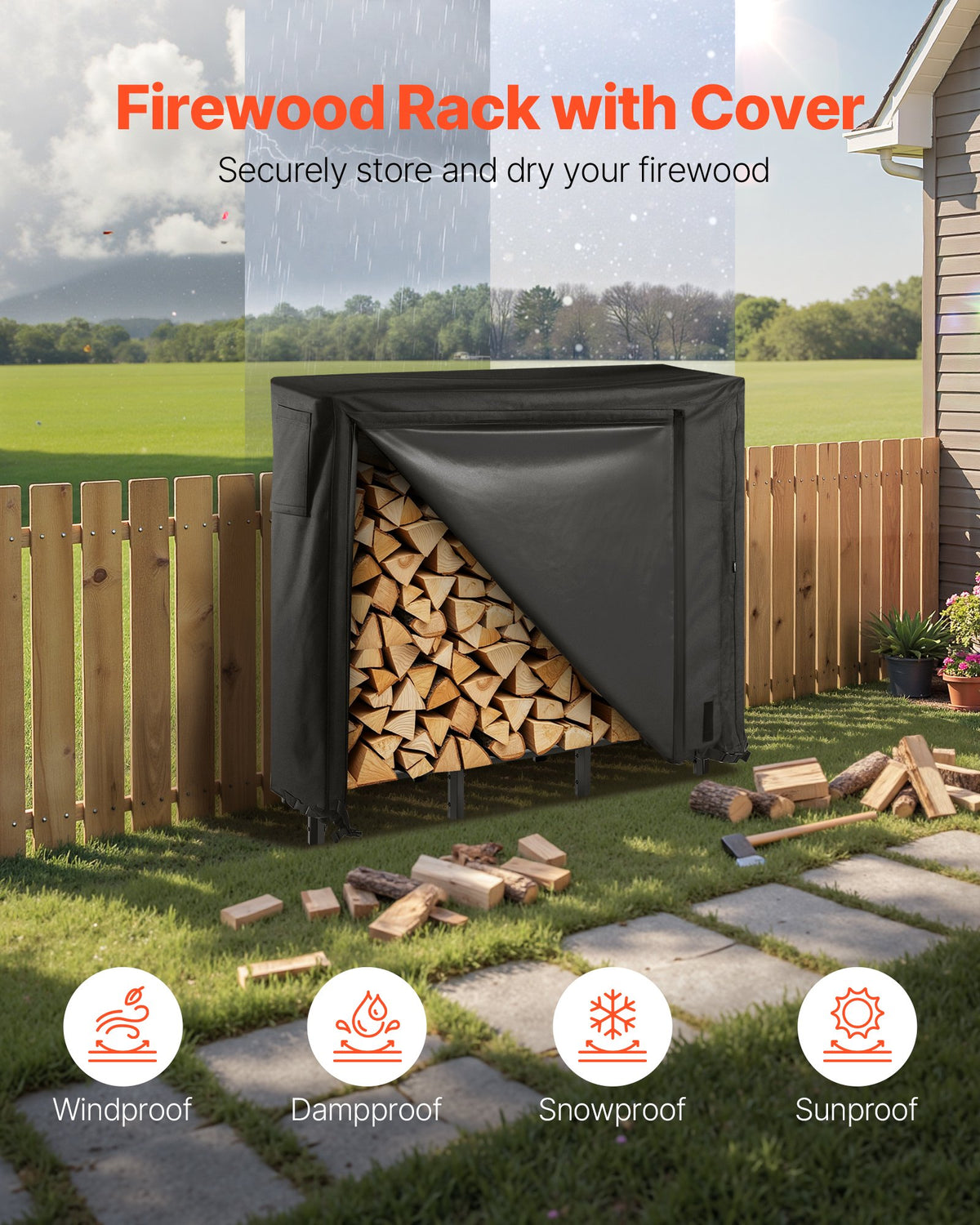 Firewood Rack with Waterproof Cover, 1.22m Outdoor Firewood Holder, 1/4 Cord Storage Metal Log Holder, 400lb V952-HWDCJ4FT20MMYL0PX001V0