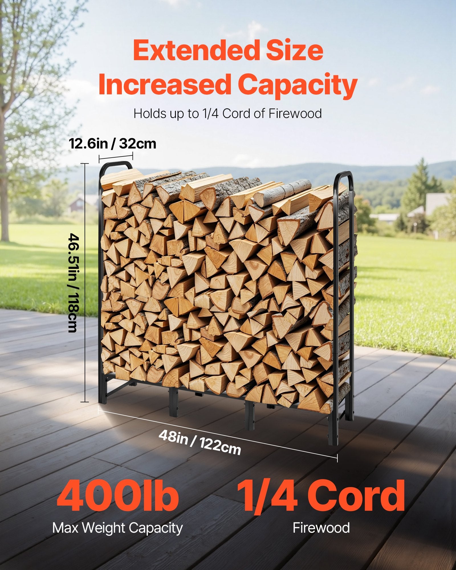 Firewood Rack with Waterproof Cover, 1.22m Outdoor Firewood Holder, 1/4 Cord Storage Metal Log Holder, 400lb V952-HWDCJ4FT20MMYL0PX001V0