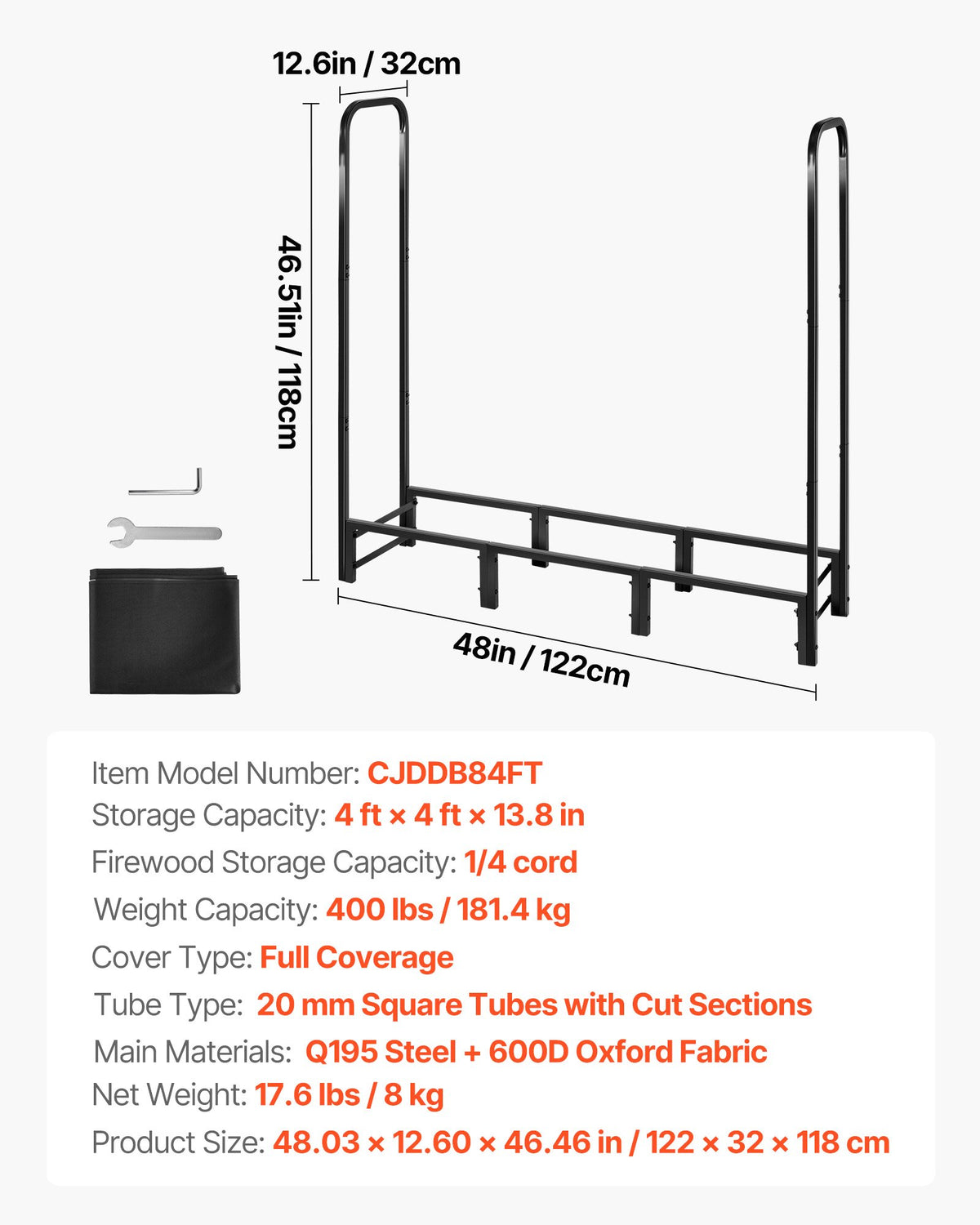 Firewood Rack with Waterproof Cover, 1.22m Outdoor Firewood Holder, 1/4 Cord Storage Metal Log Holder, 400lb V952-HWDCJ4FT20MMYL0PX001V0