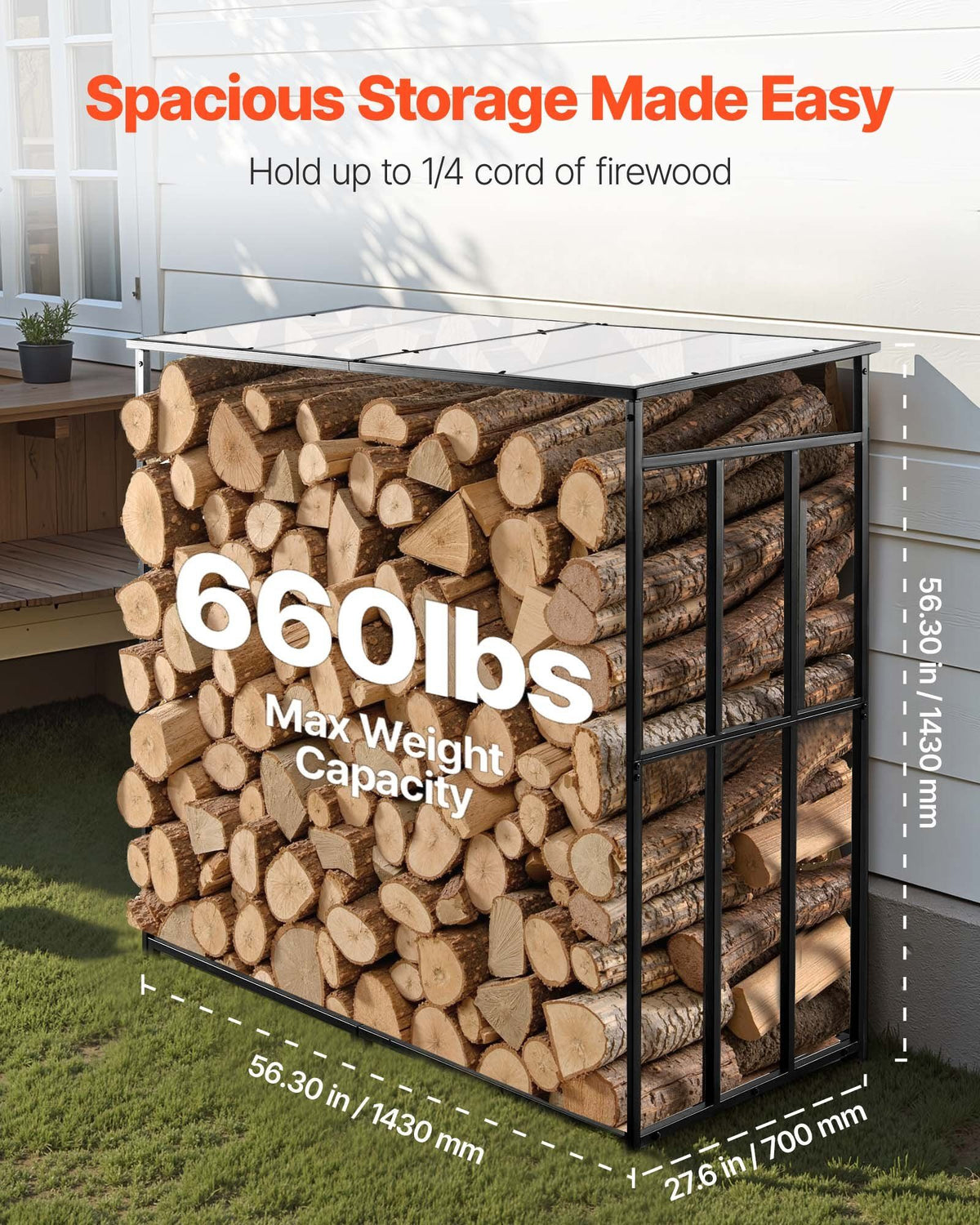 Firewood Rack with Sloped Roof, 143cm Outdoor Firewood Holder, 1/4 Cord Log Storage Shed, 299kg Max Weight V952-HWDCJ4FT20MMZB5Q6001V0