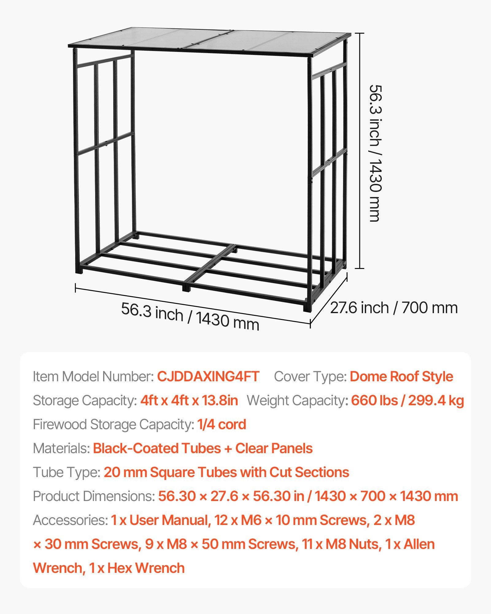 Firewood Rack with Sloped Roof, 143cm Outdoor Firewood Holder, 1/4 Cord Log Storage Shed, 299kg Max Weight V952-HWDCJ4FT20MMZB5Q6001V0