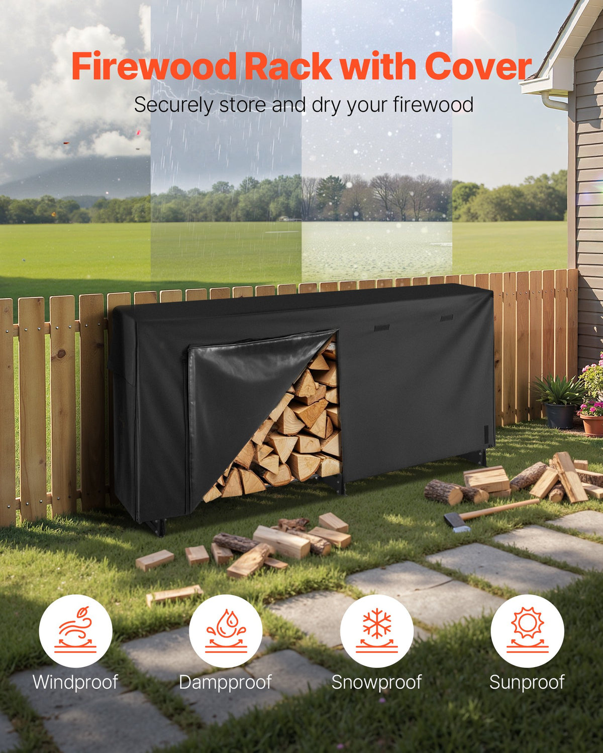 Firewood Rack with Waterproof Cover, 2.57m Outdoor Firewood Holder, 1/2 Cord Storage Metal Log Holder, 299kg V952-HWDCJ8FTPSYG1JYW6001V0